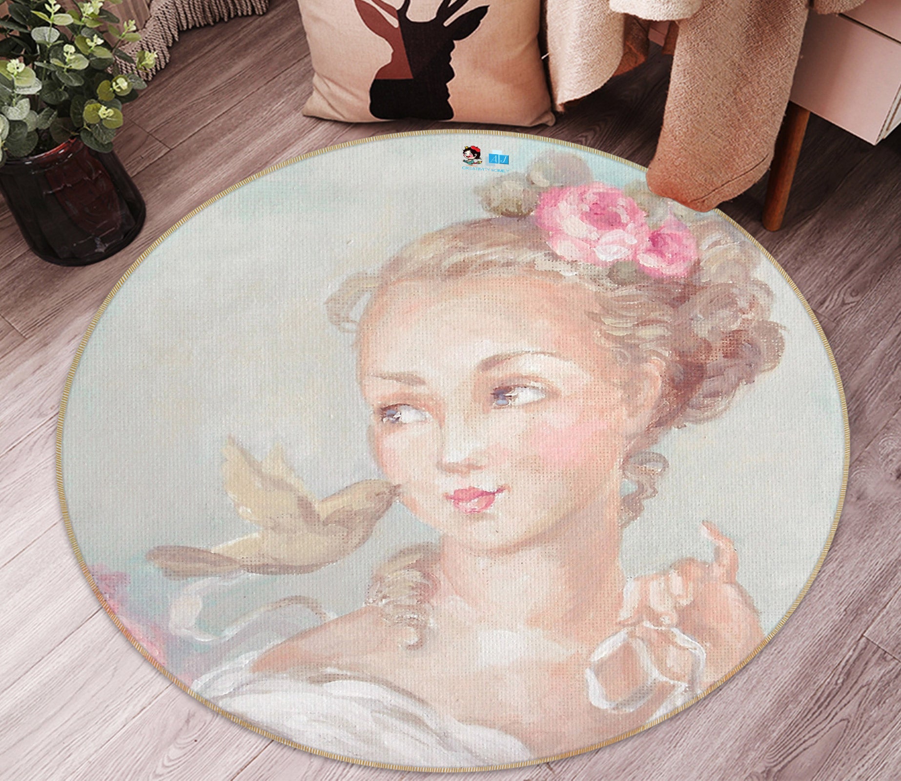 3D Flower Girl 1159 Debi Coules Rug Round Non Slip Rug Mat