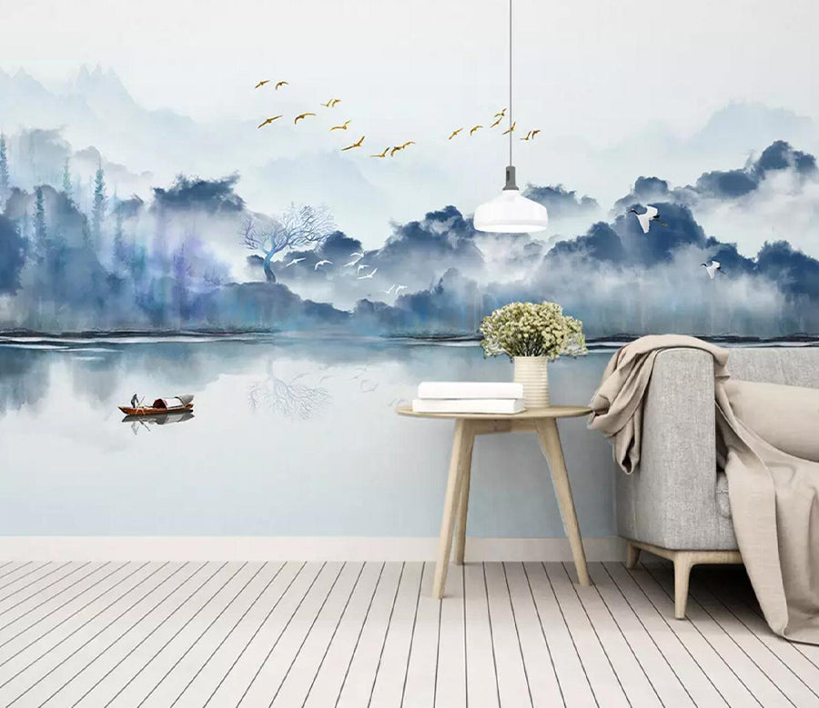 3D Lake Valley Boat WC730 Wall Murals