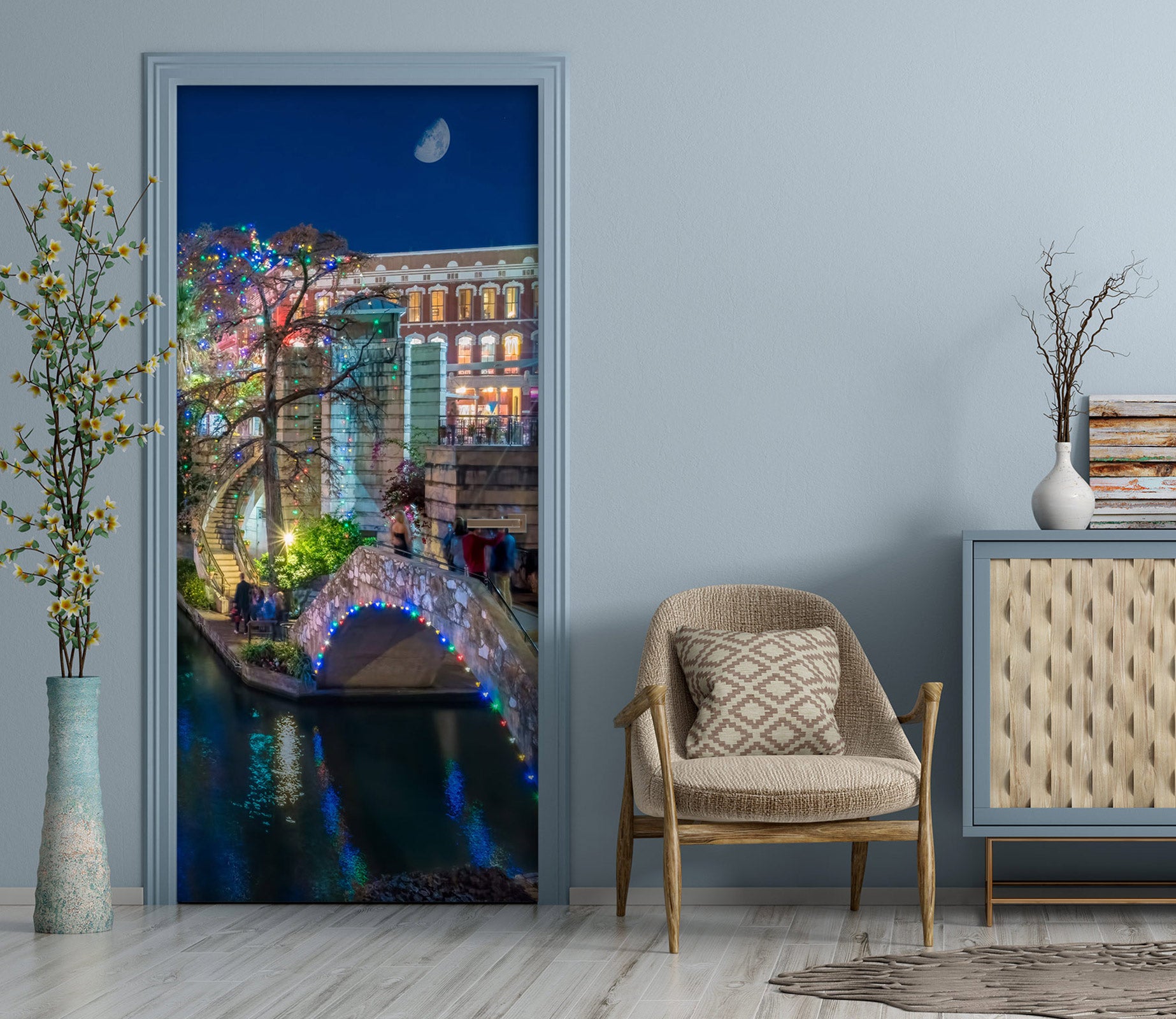 3D Night View River Bridge 10819 Beth Sheridan Door Mural