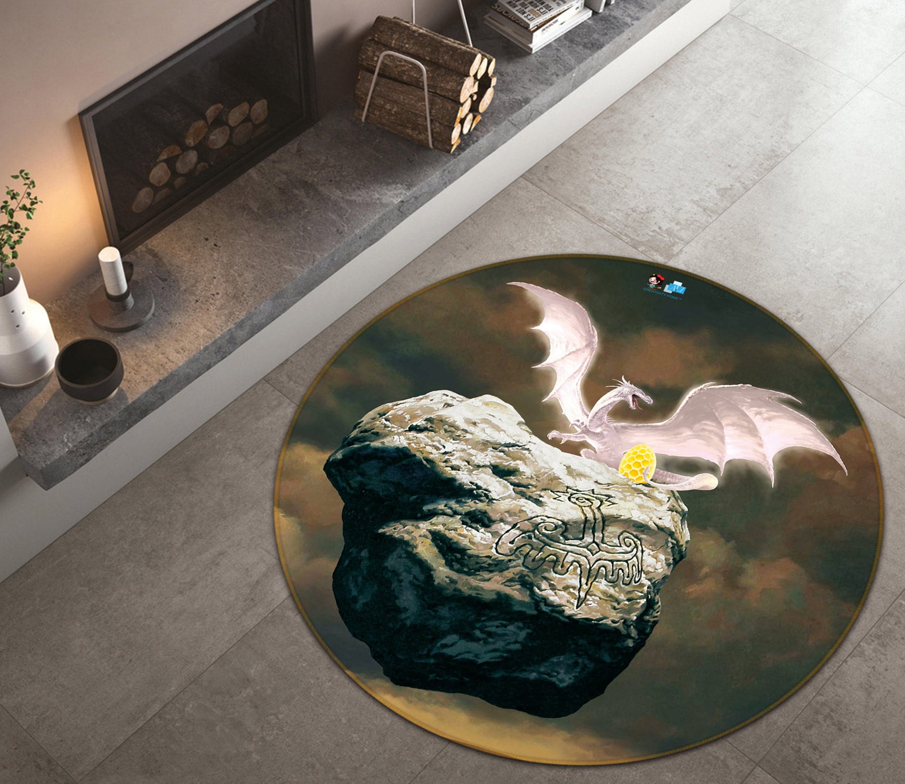 3D White Dragon Golden Egg Stone 6096 Ciruelo Rug Round Non Slip Rug Mat