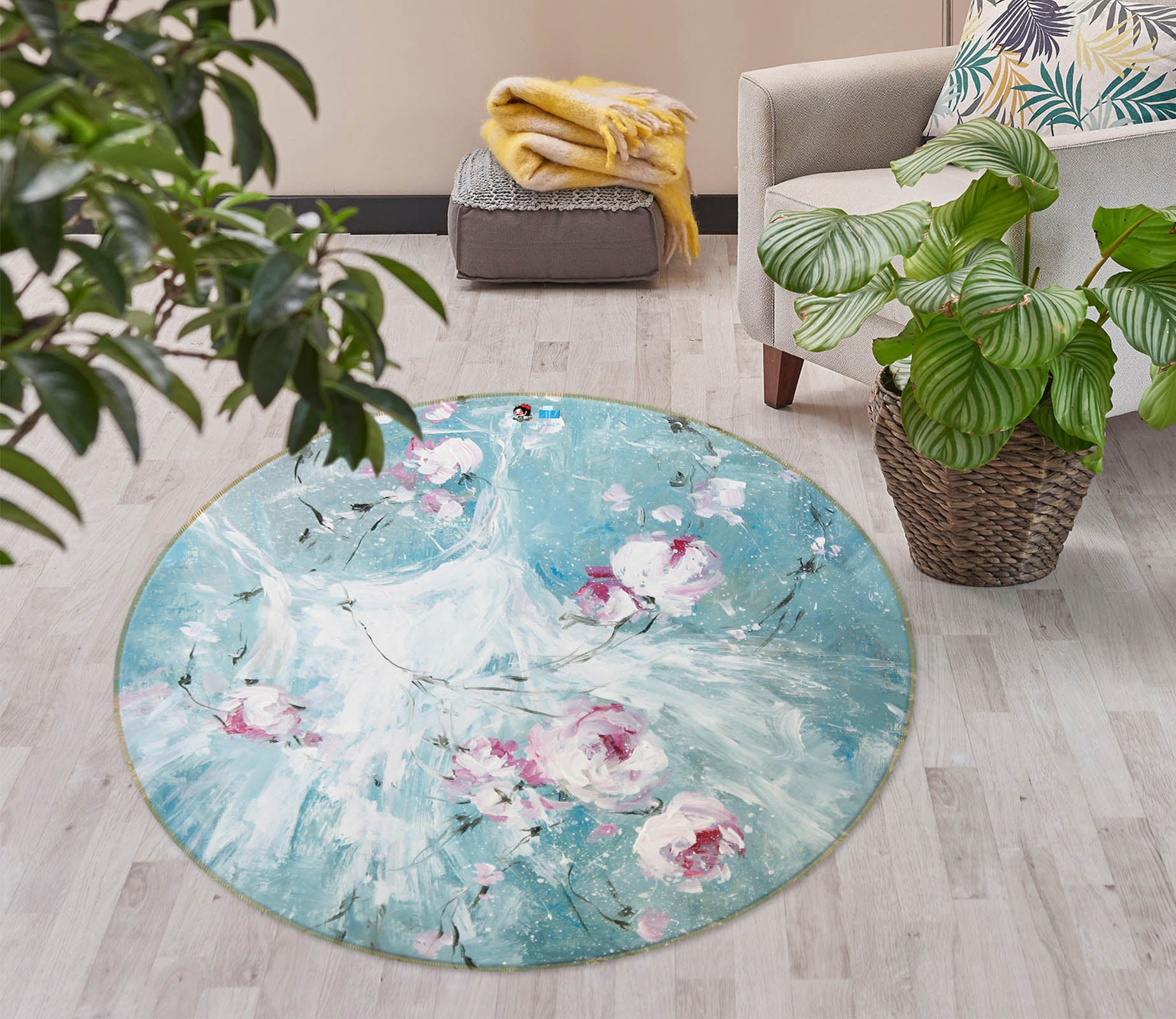 3D Petal Flower White Dress 1105 Debi Coules Rug Round Non Slip Rug Mat