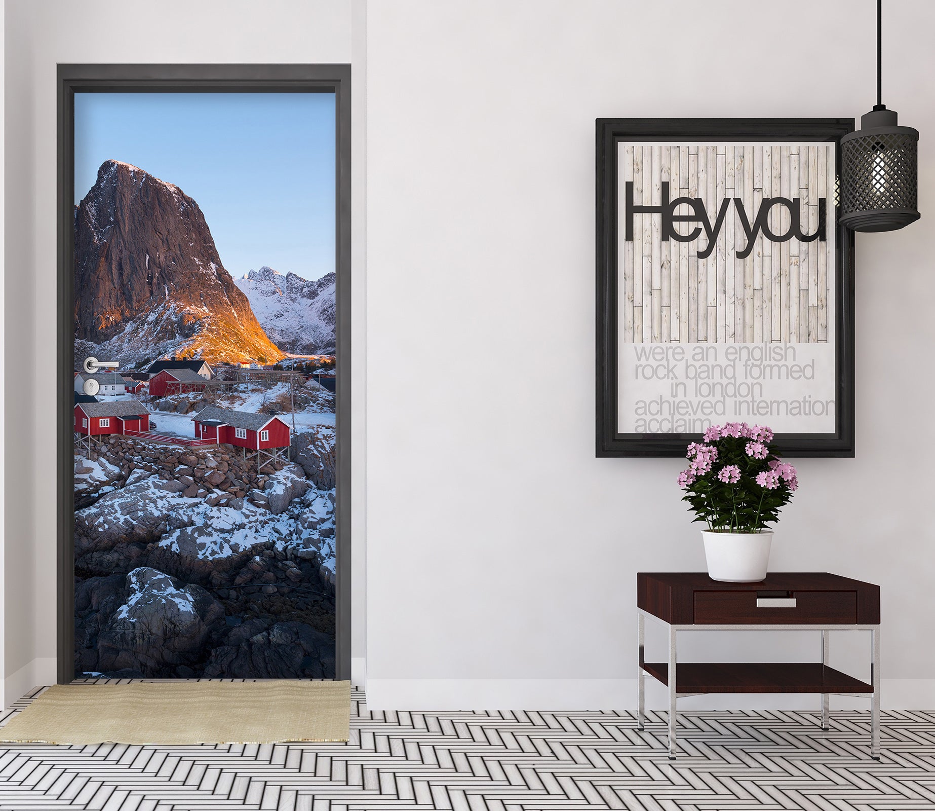 3D Snow Rock Red Cabin 119182 Marco Carmassi Door Mural