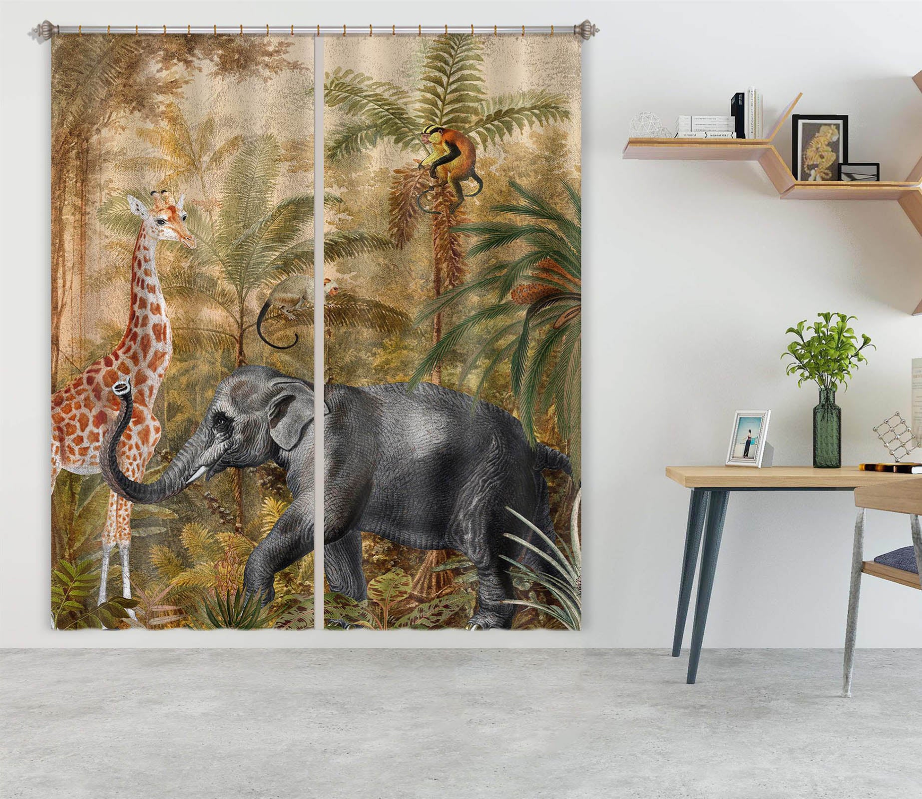 3D Elephant Monkey 200 Uta Naumann Curtain Curtains Drapes