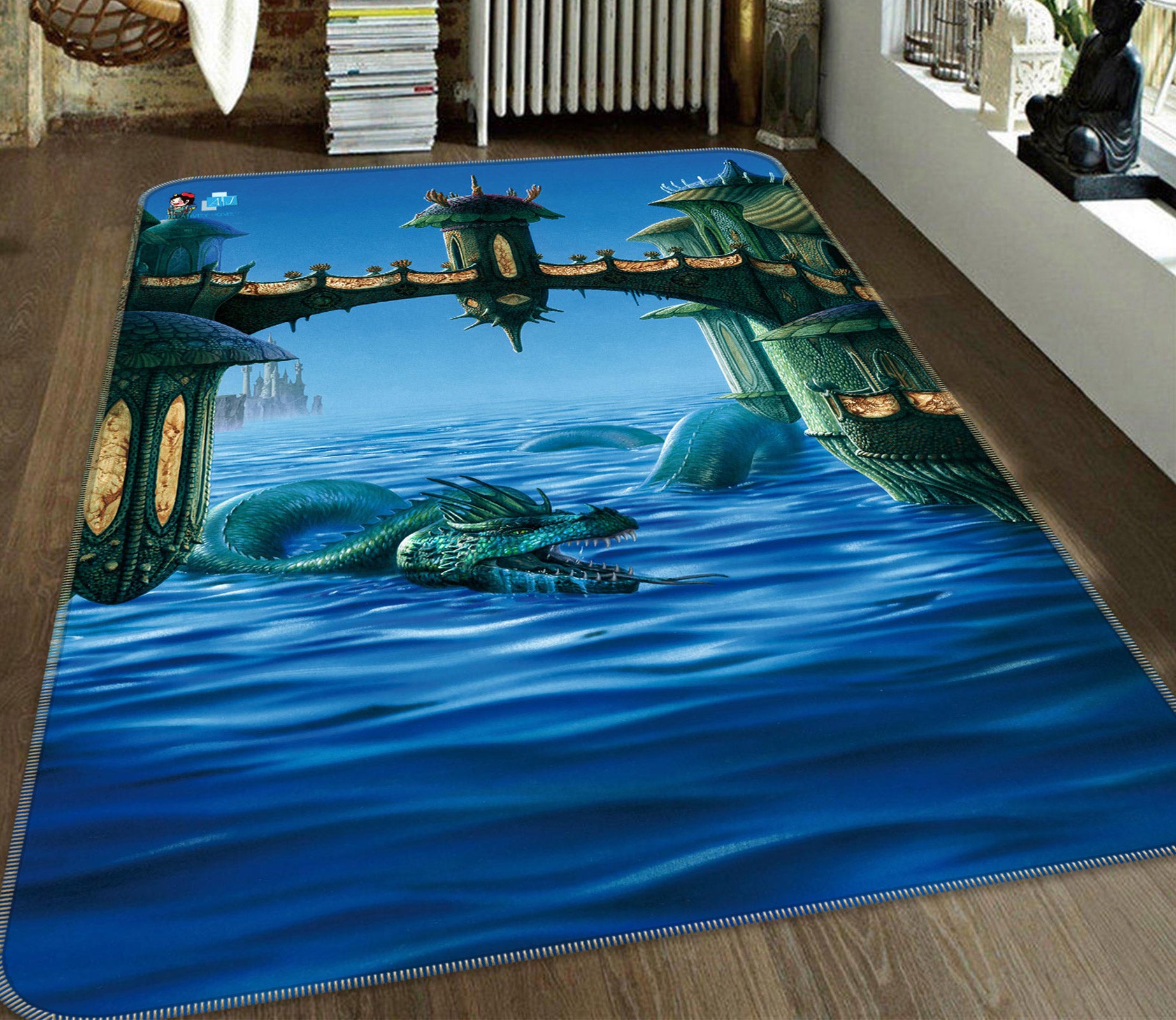 3D Bridge River Dragon 5194 Ciruelo Rug Non Slip Rug Mat