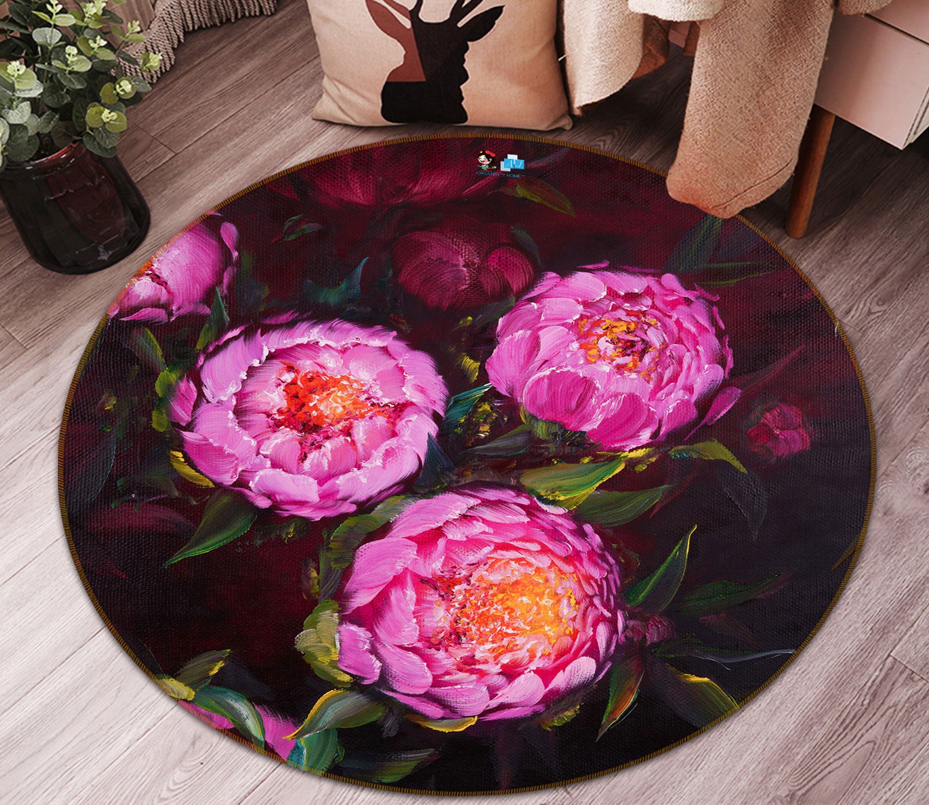 3D Pink Flower 731 Skromova Marina Rug Round Non Slip Rug Mat