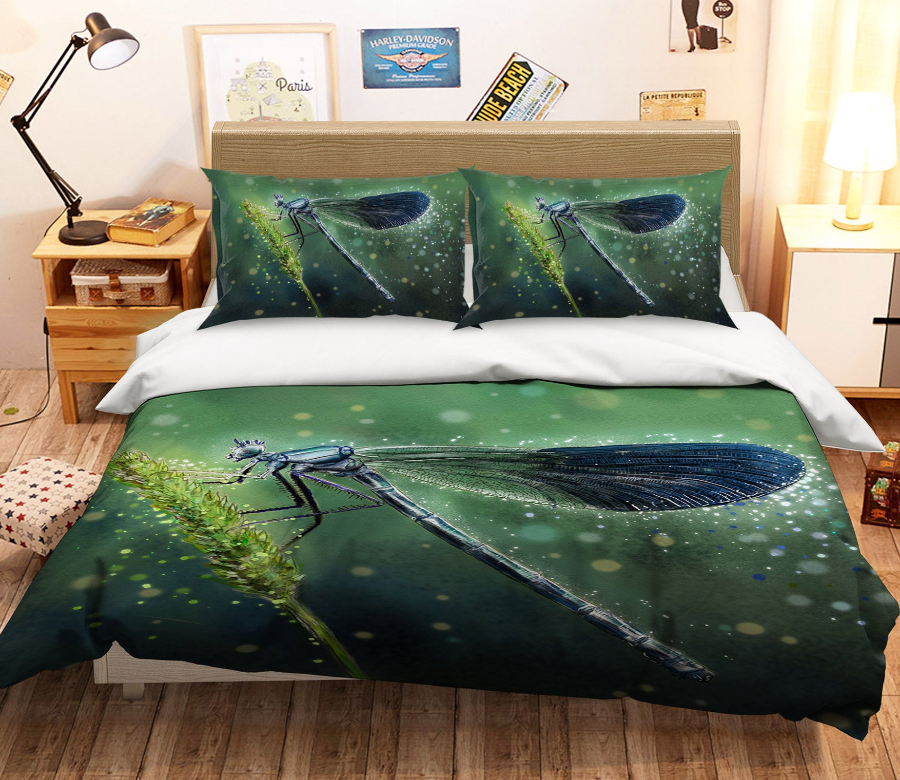 3D Green Dragonfly 112 Bed Pillowcases Quilt