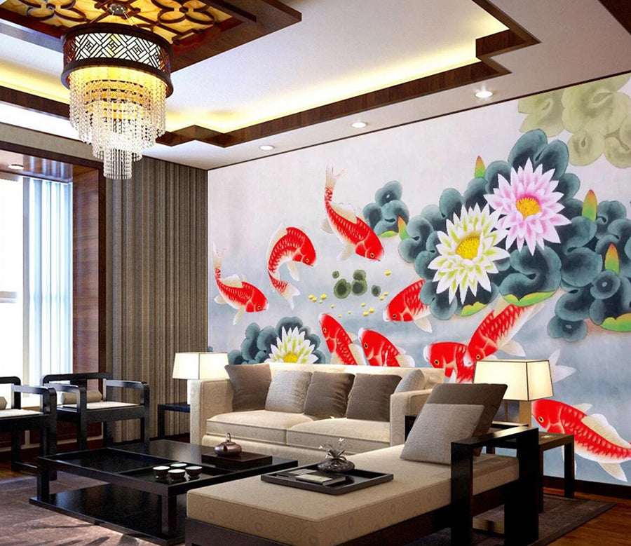 3D Lotus Goldfish WC376 Wall Murals