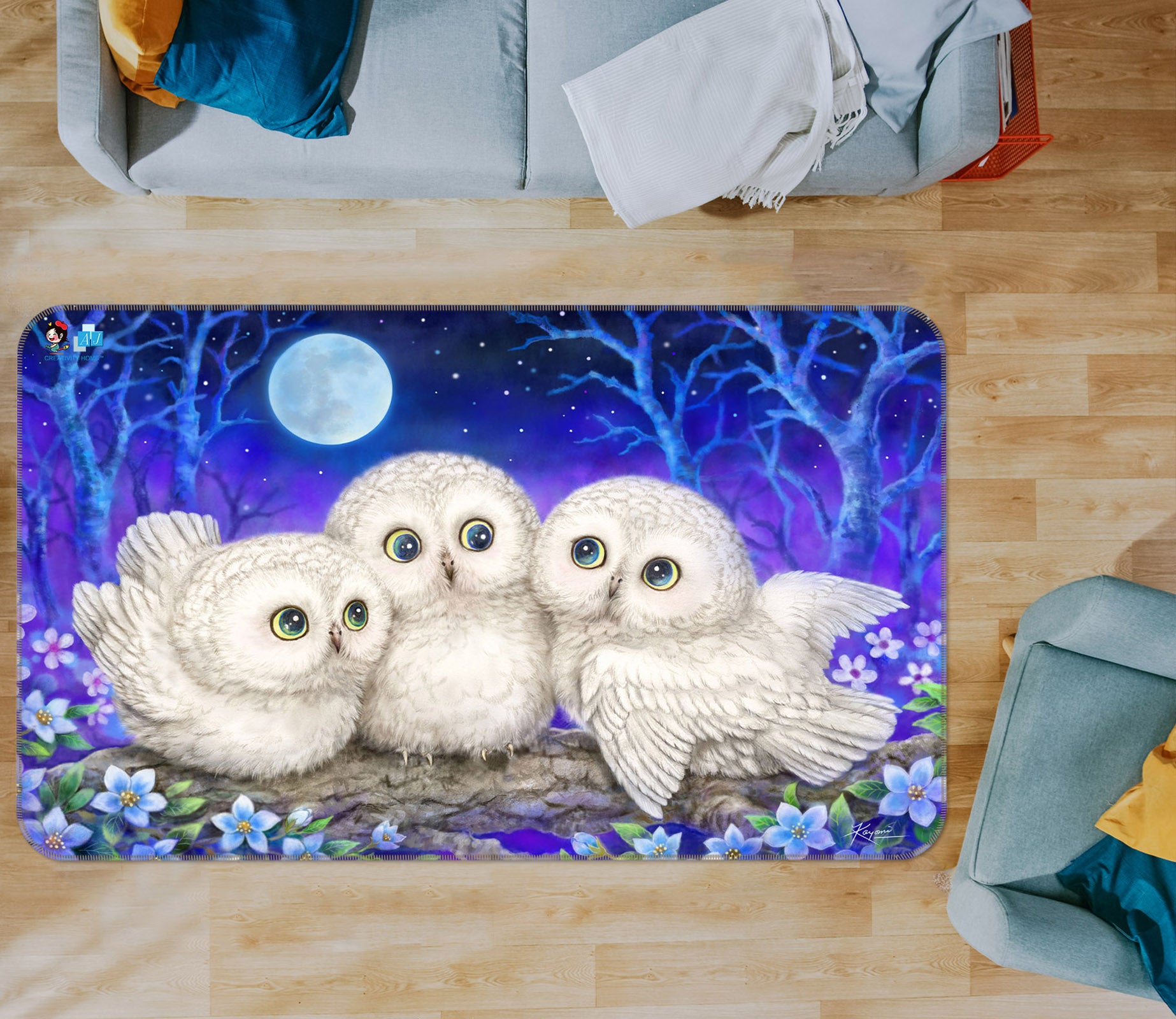 3D Owl Moon 5737 Kayomi Harai Rug Non Slip Rug Mat