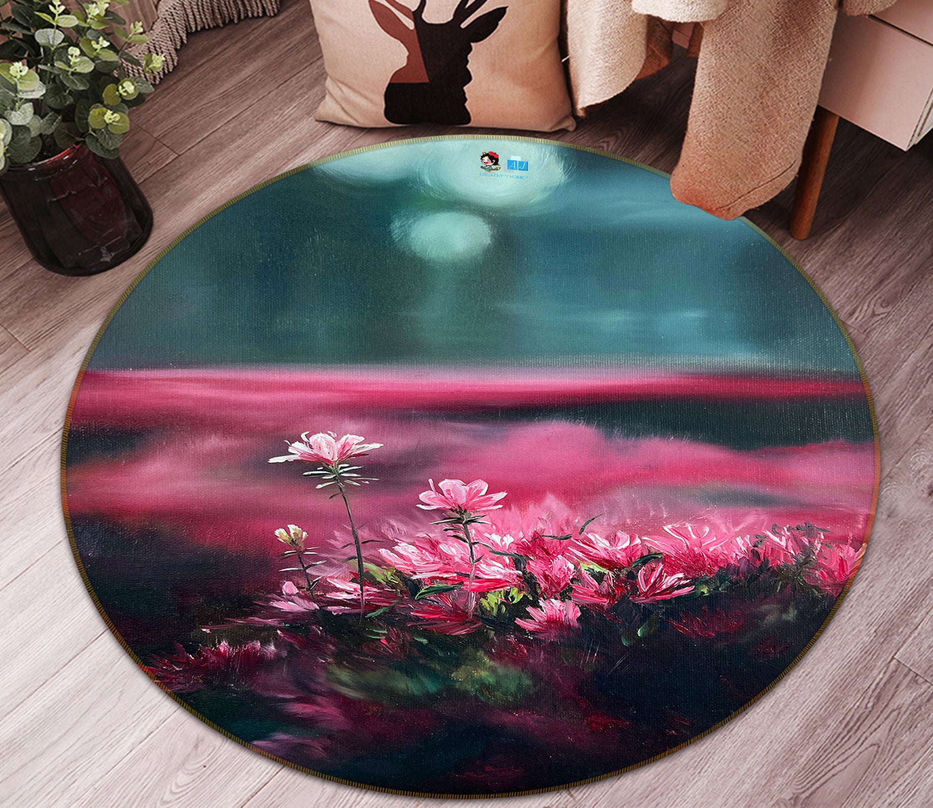 3D Pink Floral Flower Bush 9722 Marina Zotova Rug Round Non Slip Rug Mat