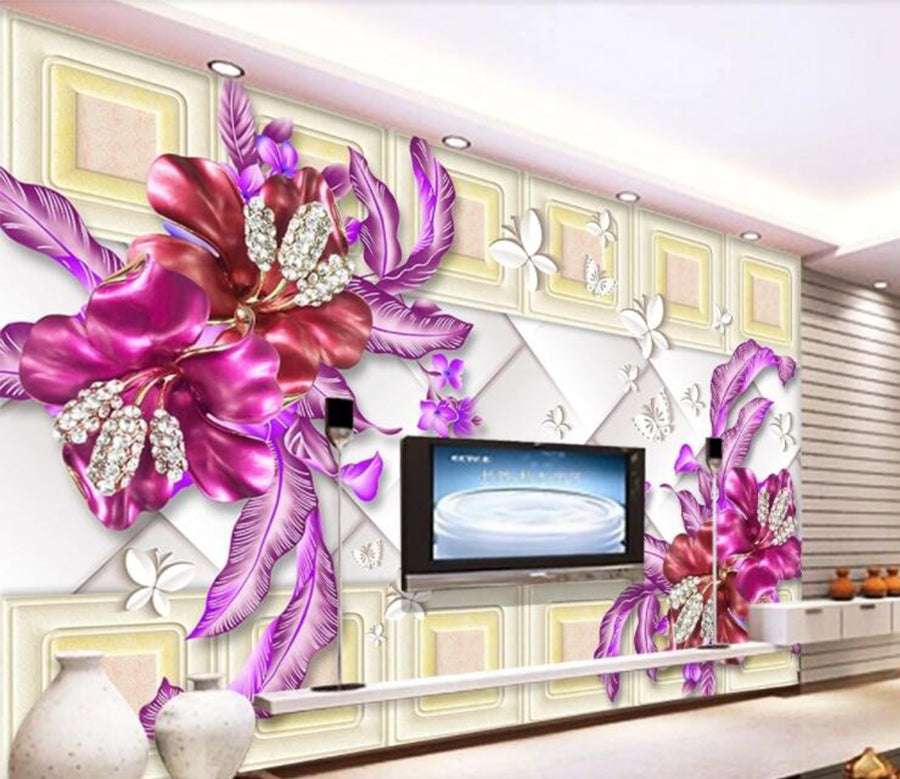 3D Purple Flower Leaves WC204 Wall Murals