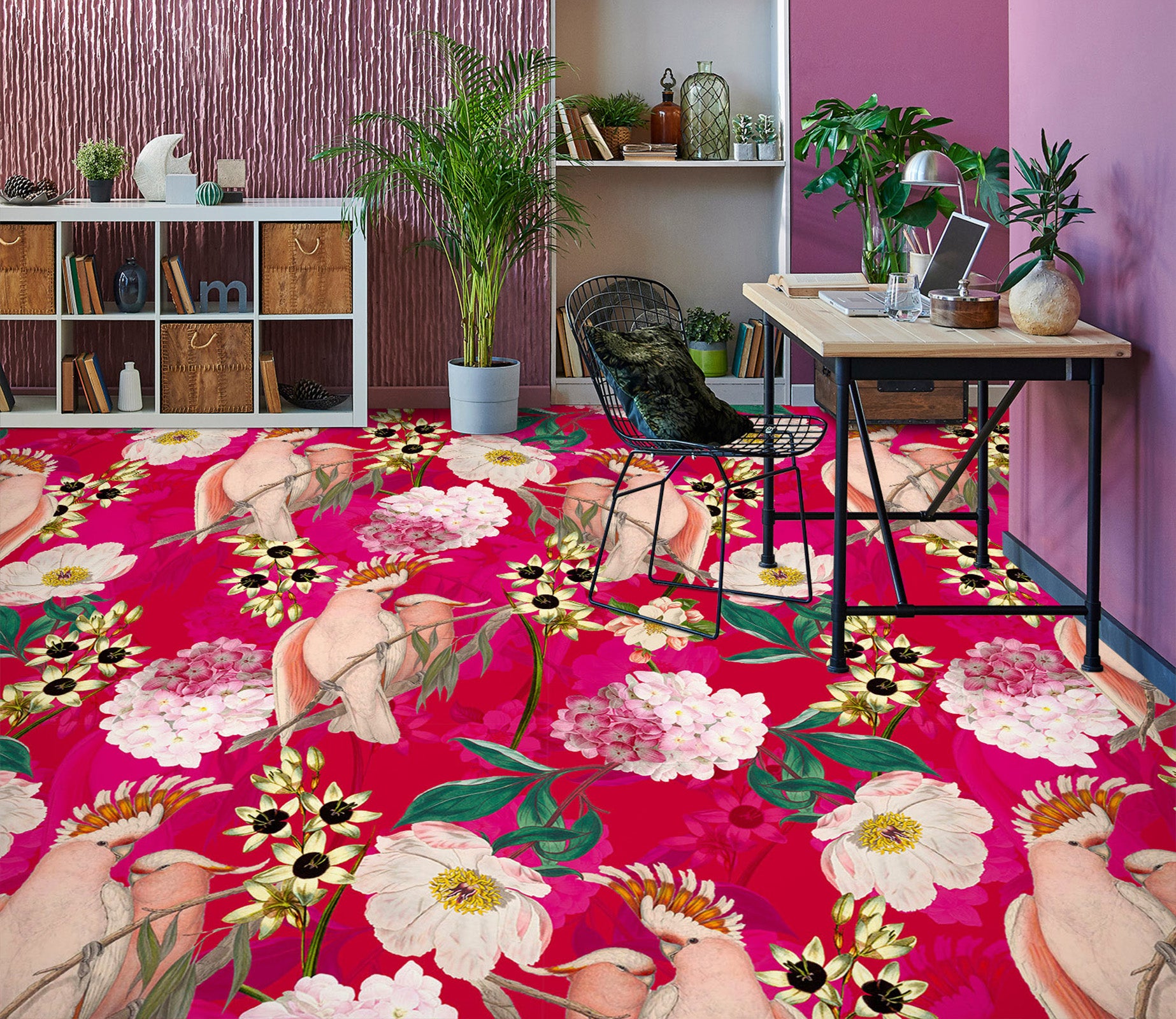 3D Pink Flower Bird 99206 Uta Naumann Floor Mural