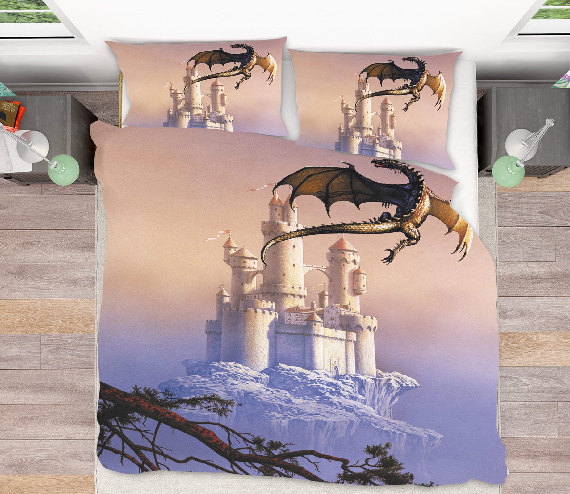 3D White Castle Flying Dragon 6169 Ciruelo Bedding Bed Pillowcases Quilt