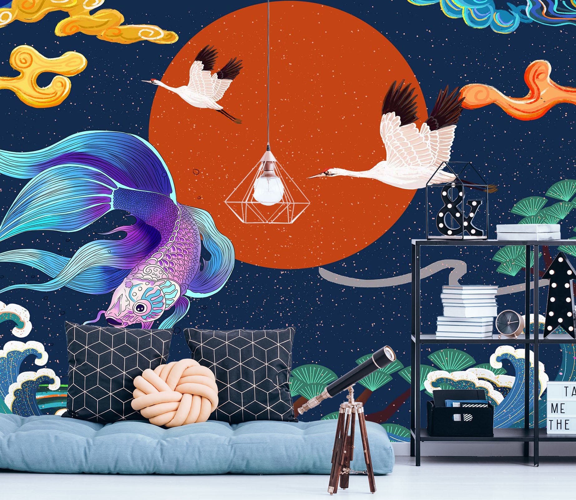 3D Chinoiserie Blue Fish 1390 Wall Mural Wall Murals