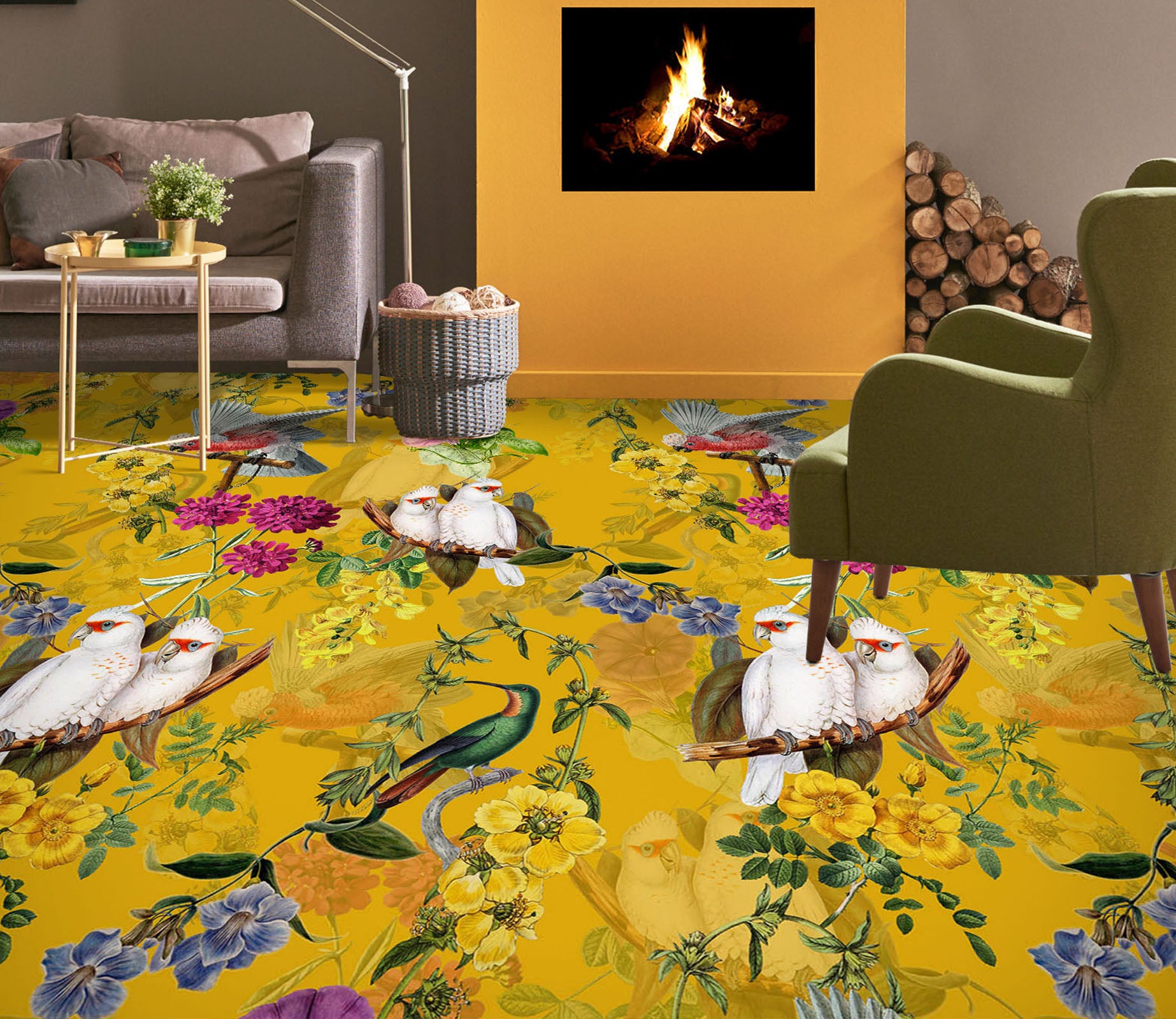 3D Flower Pattern White Parrot 99210 Uta Naumann Floor Mural