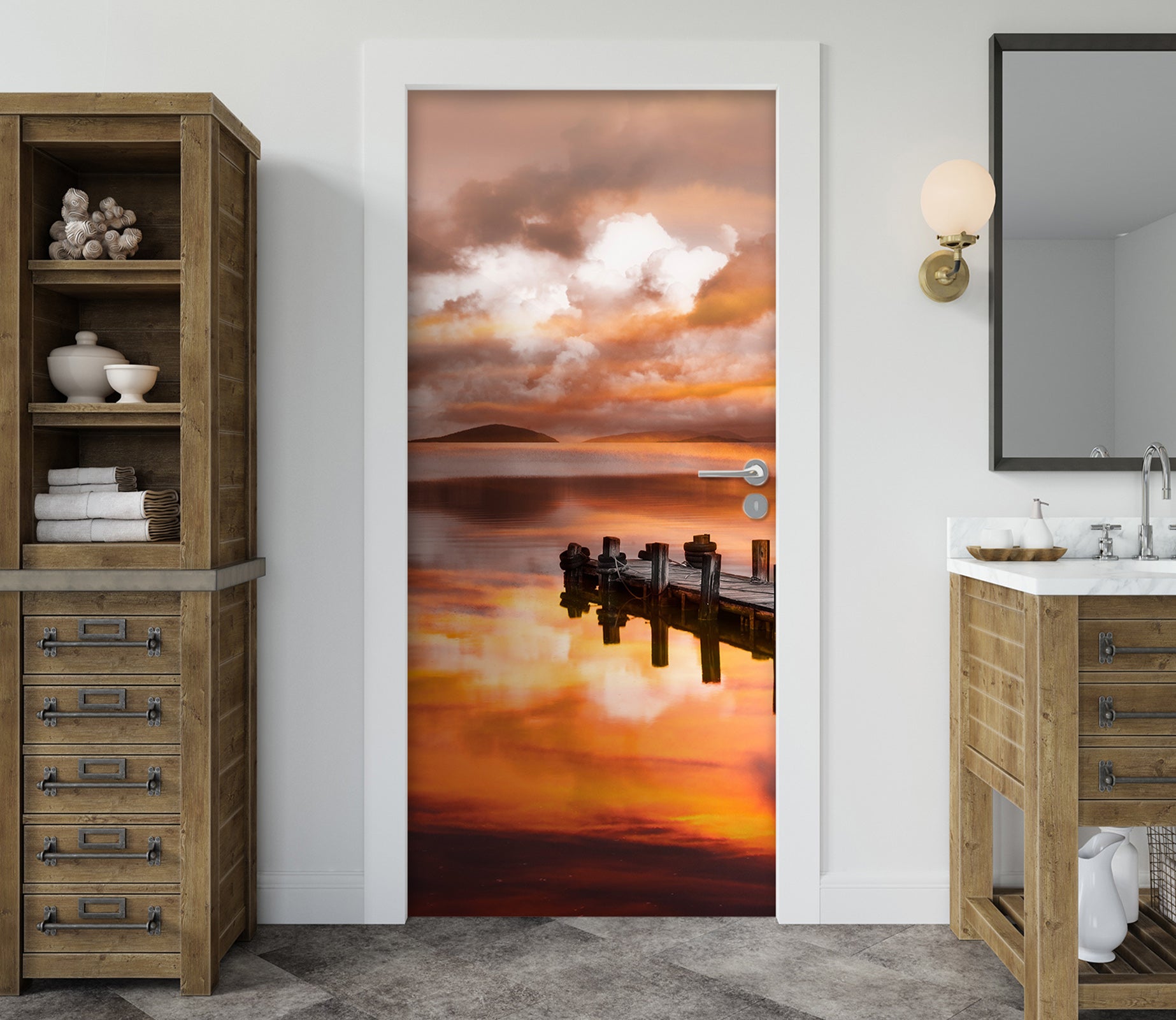 3D Sunset Lake Bridge 12293 Marco Carmassi Door Mural