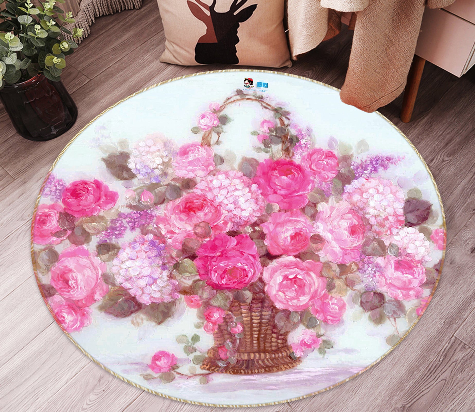 3D Red Flower Basket 1180 Debi Coules Rug Round Non Slip Rug Mat