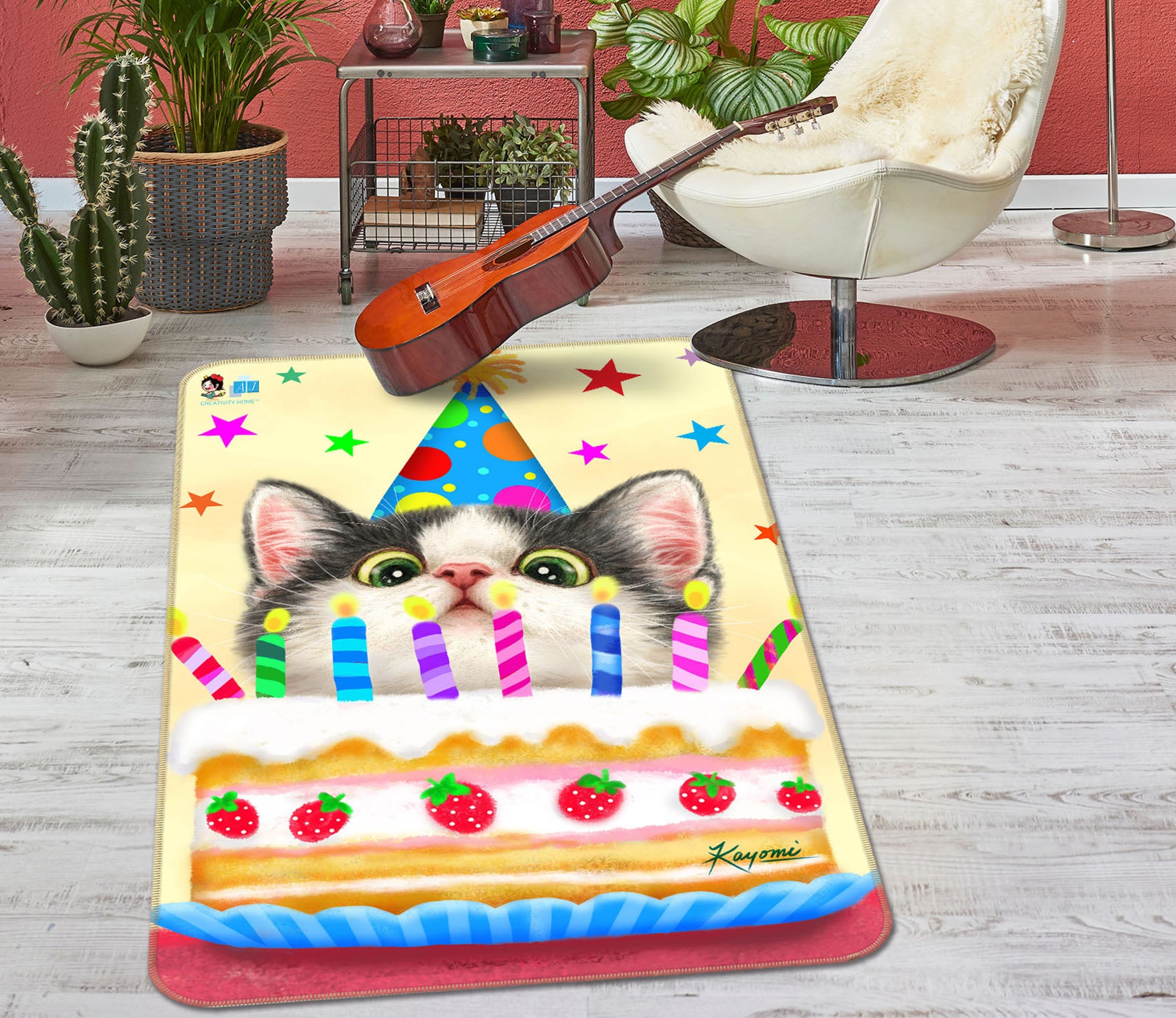 3D Birthday Cat 5675 Kayomi Harai Rug Non Slip Rug Mat