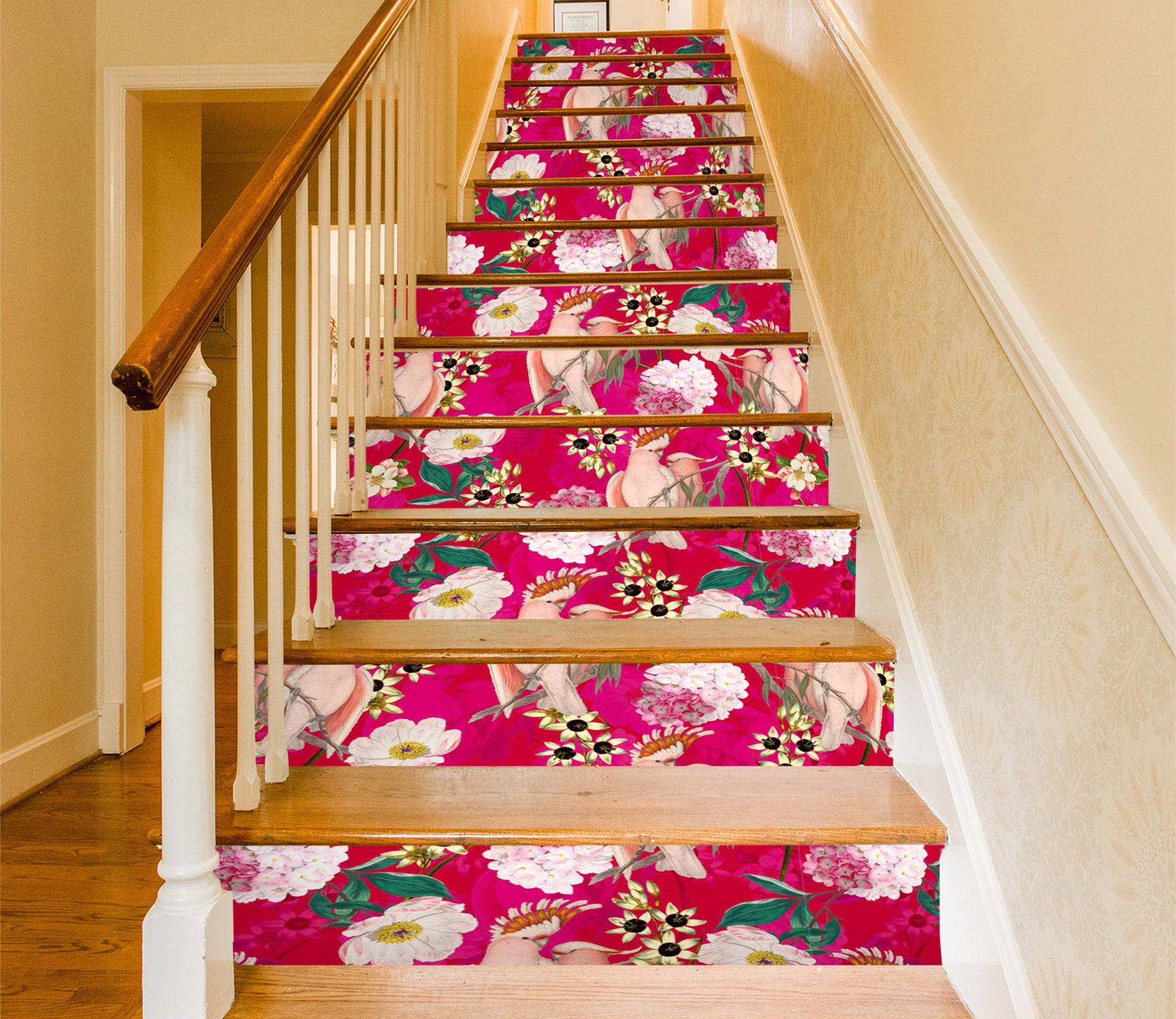 3D Red Bottom Pink Flower Bird 10401 Uta Naumann Stair Risers