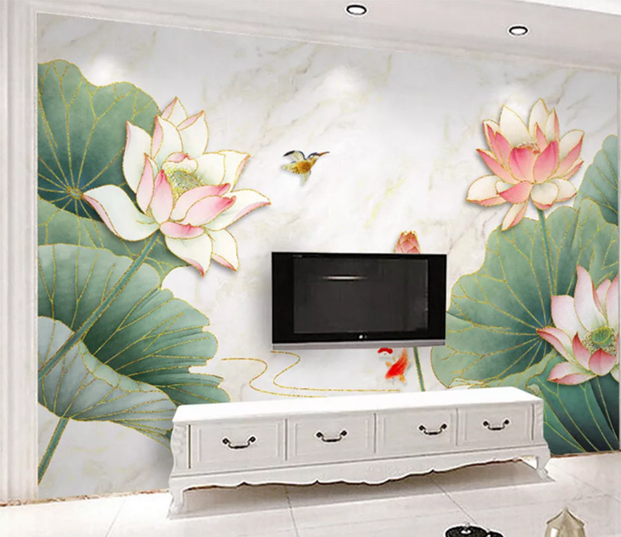 3D Lotus Leaf Koi WC988 Wall Murals