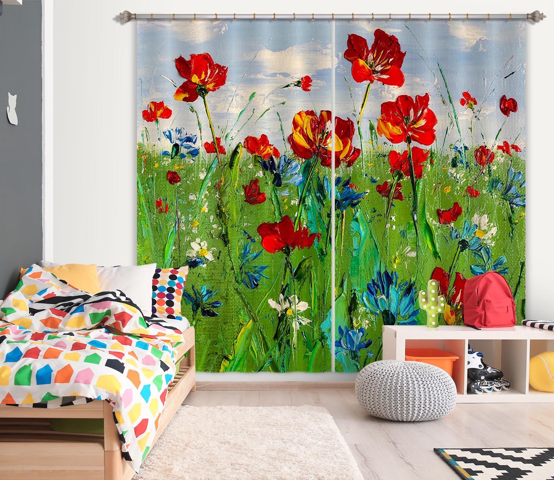 3D Red Flower Grass 2416 Skromova Marina Curtain Curtains Drapes