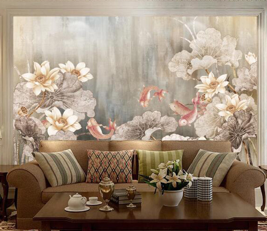 3D Lotus Red Goldfish WC1803 Wall Murals