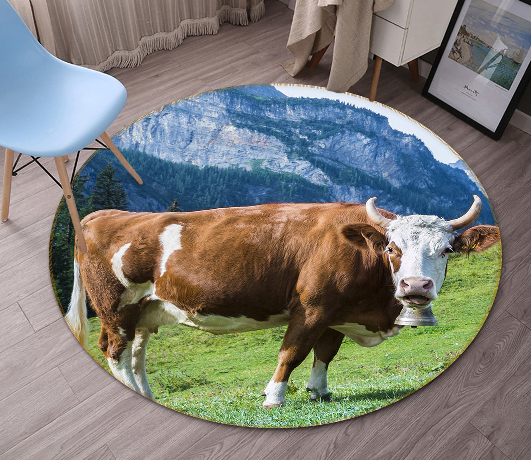 3D Cows Mountain Grass 82205 Animal Round Non Slip Rug Mat