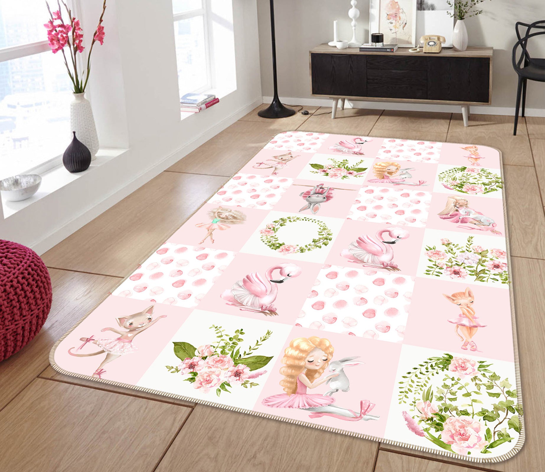 3D Flamingo Rabbit 126 Uta Naumann Rug Non Slip Rug Mat