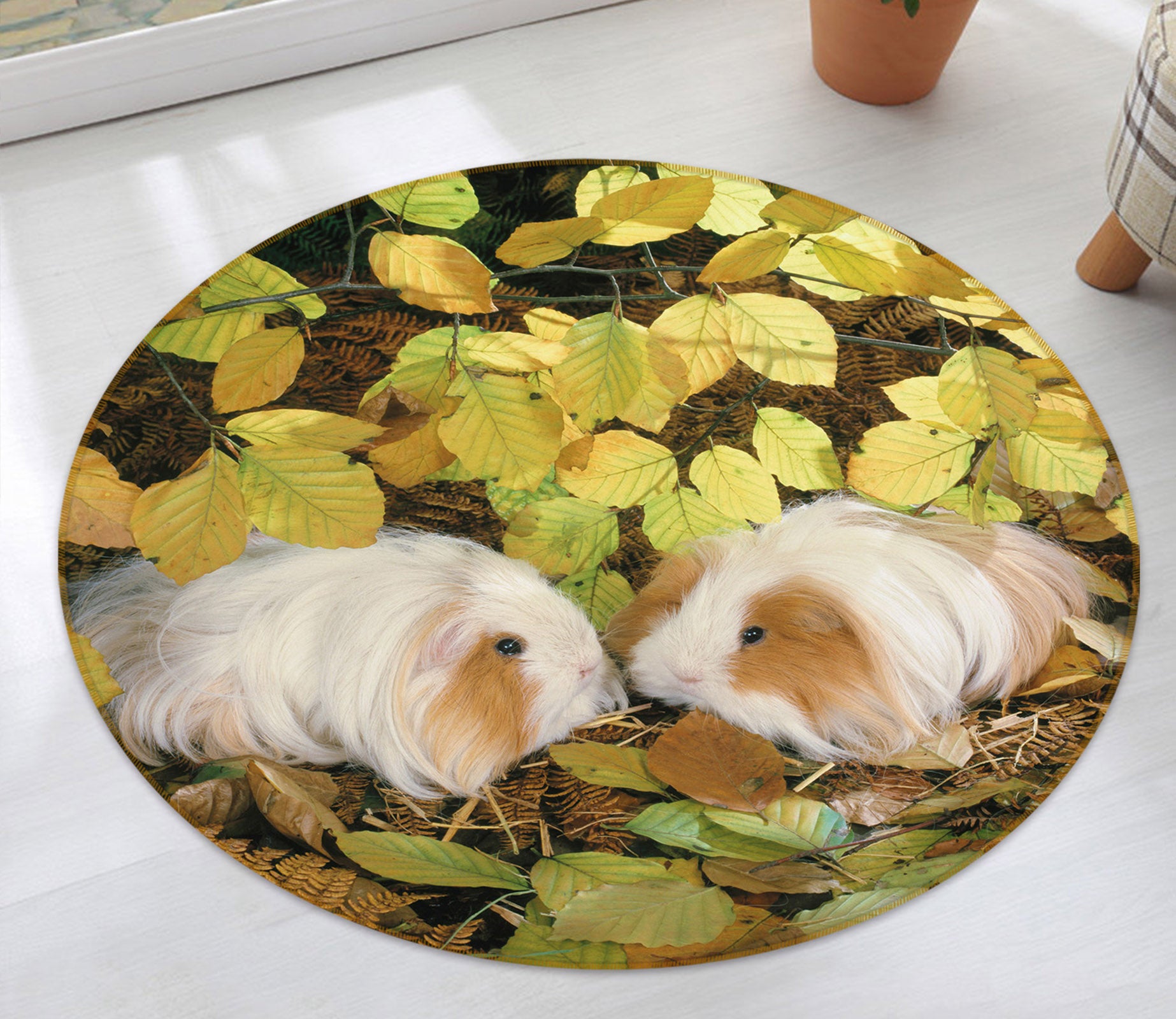 3D Guinea Pig Leaves 82009 Animal Round Non Slip Rug Mat