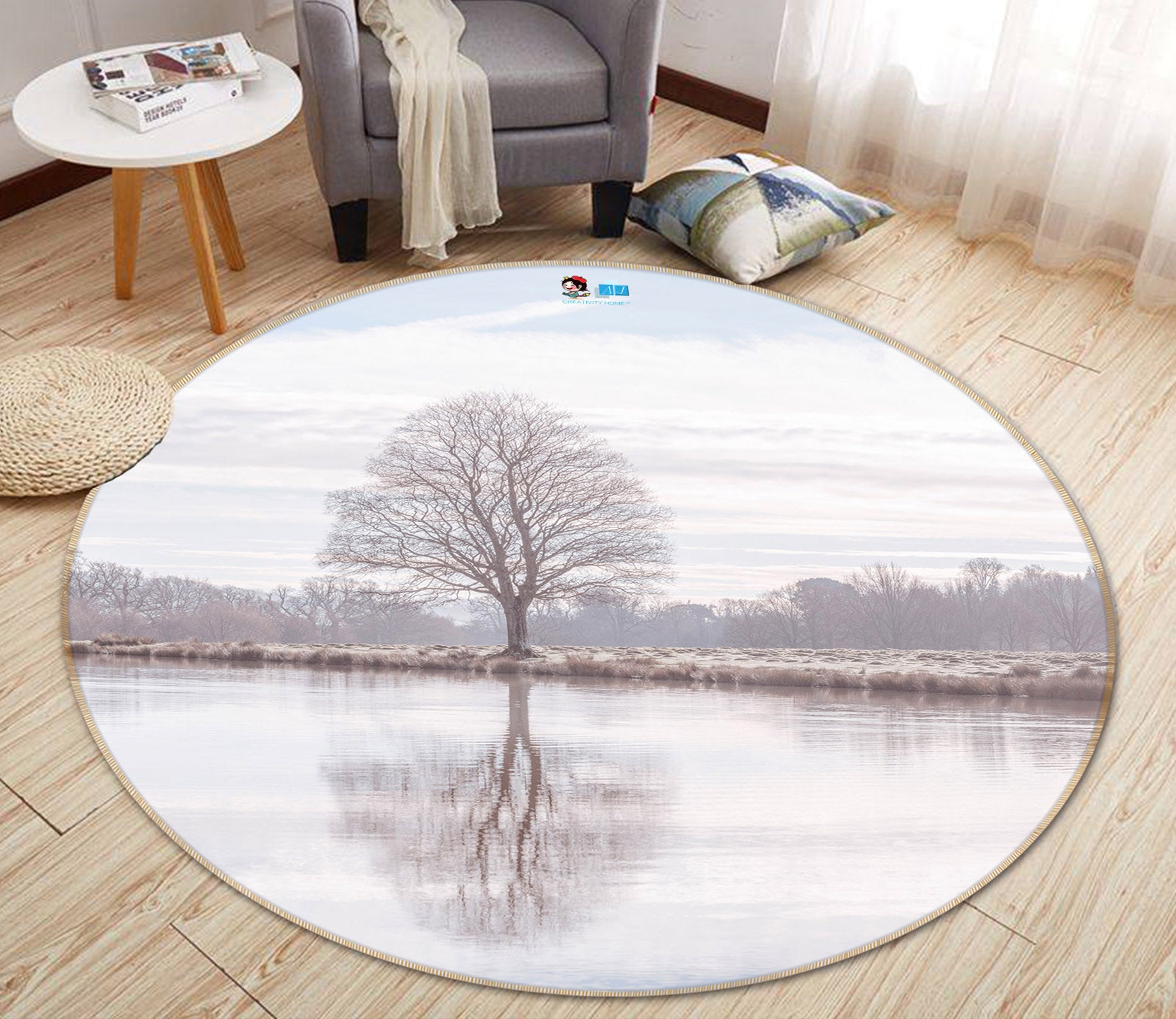 3D Grey Tree 7338 Assaf Frank Rug Round Non Slip Rug Mat