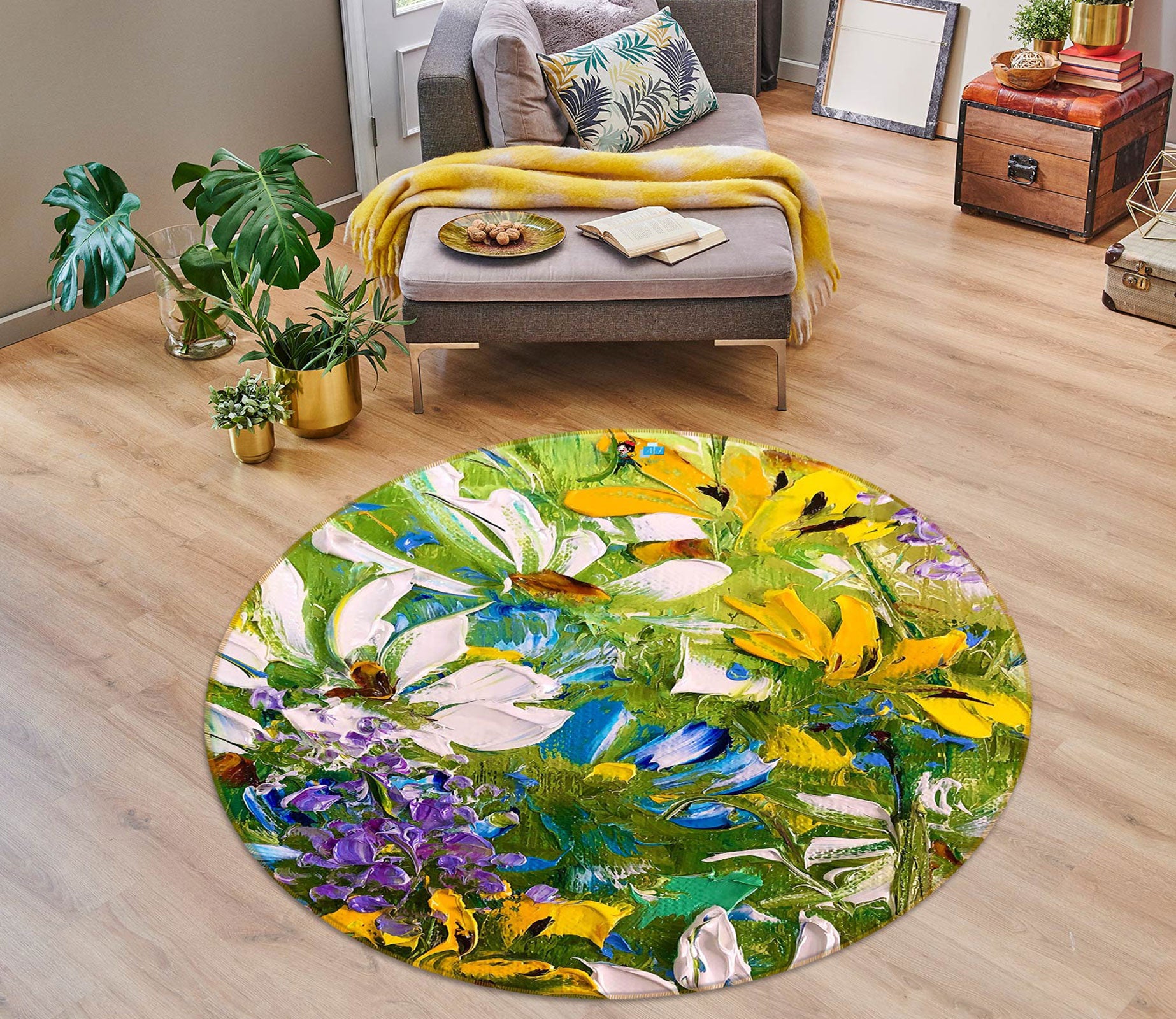 3D Yellow Flower 746 Skromova Marina Rug Round Non Slip Rug Mat