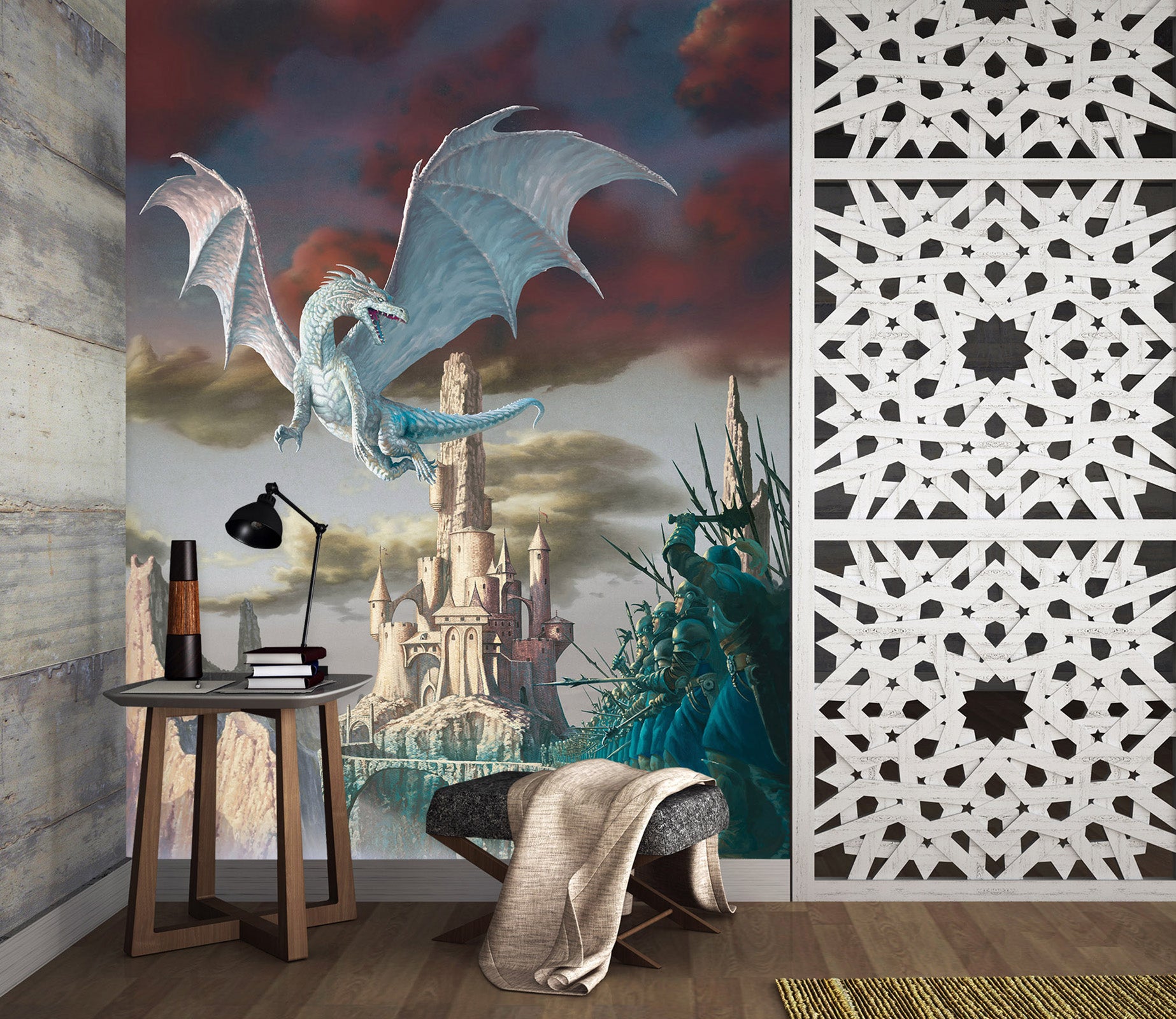 3D Castle White Dragon 7087 Ciruelo Wall Mural Wall Murals