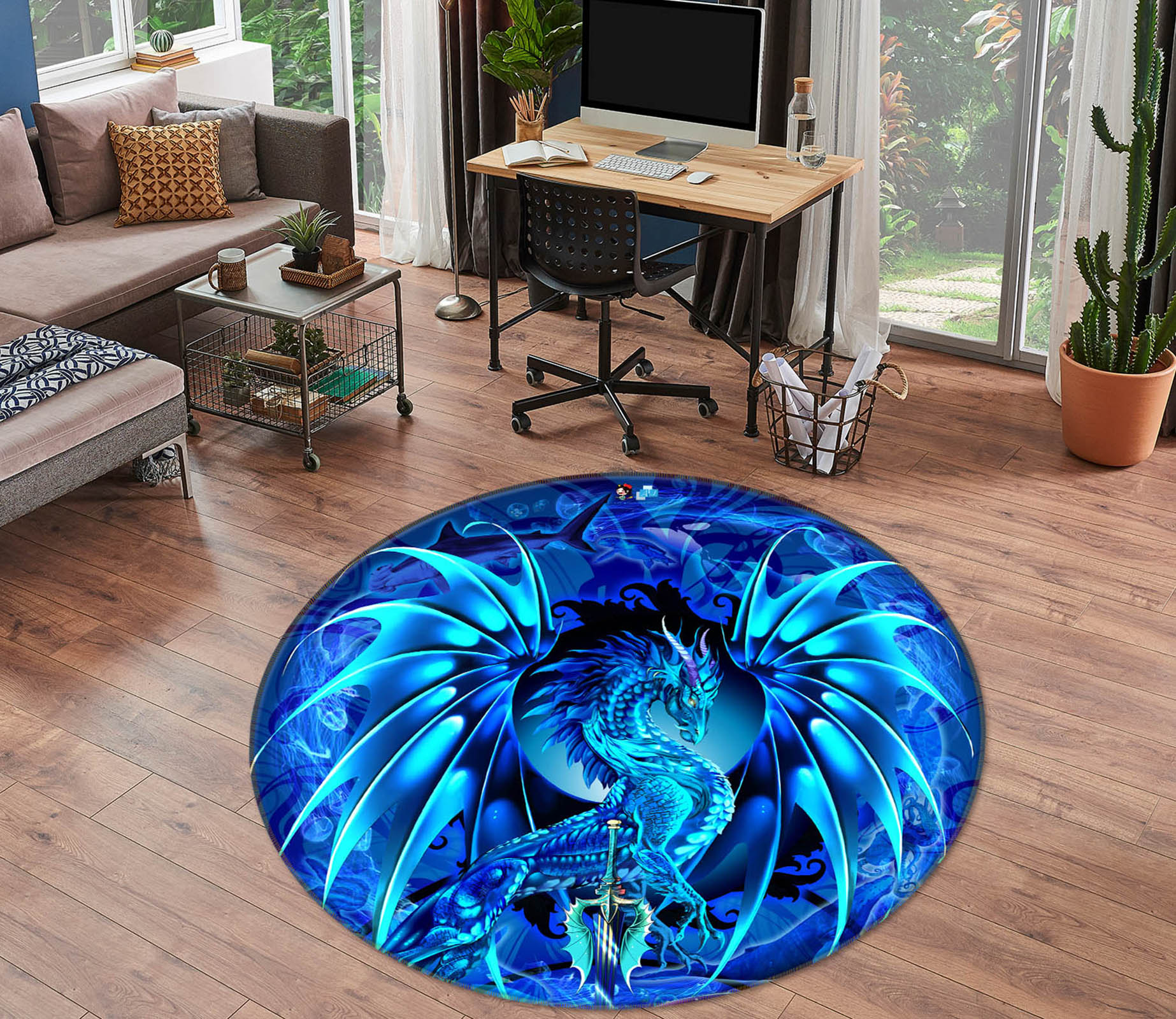 3D Blue Dragon 8375 Ruth Thompson Rug Round Non Slip Rug Mat