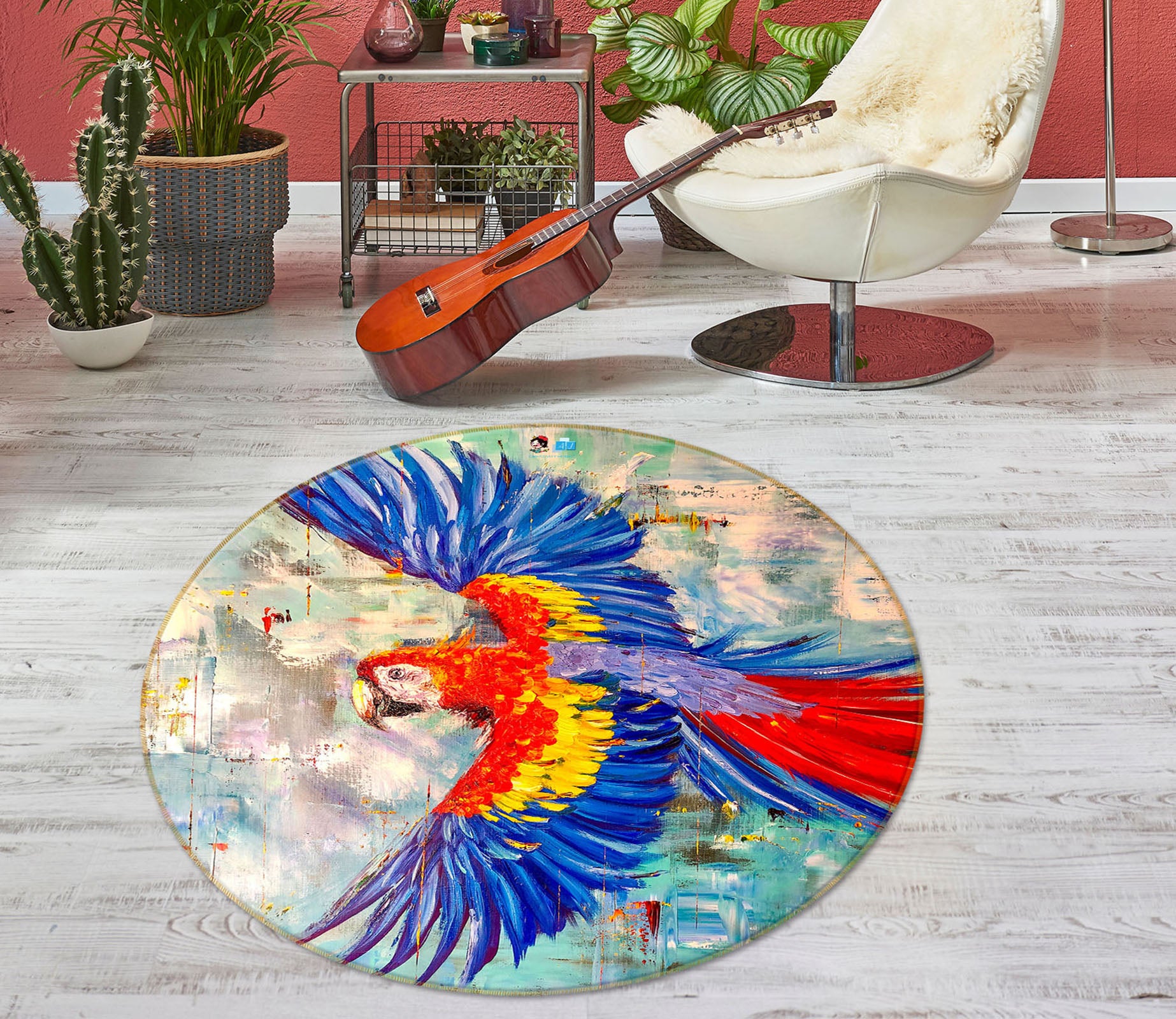 3D Watercolor Parrot 837 Skromova Marina Rug Round Non Slip Rug Mat