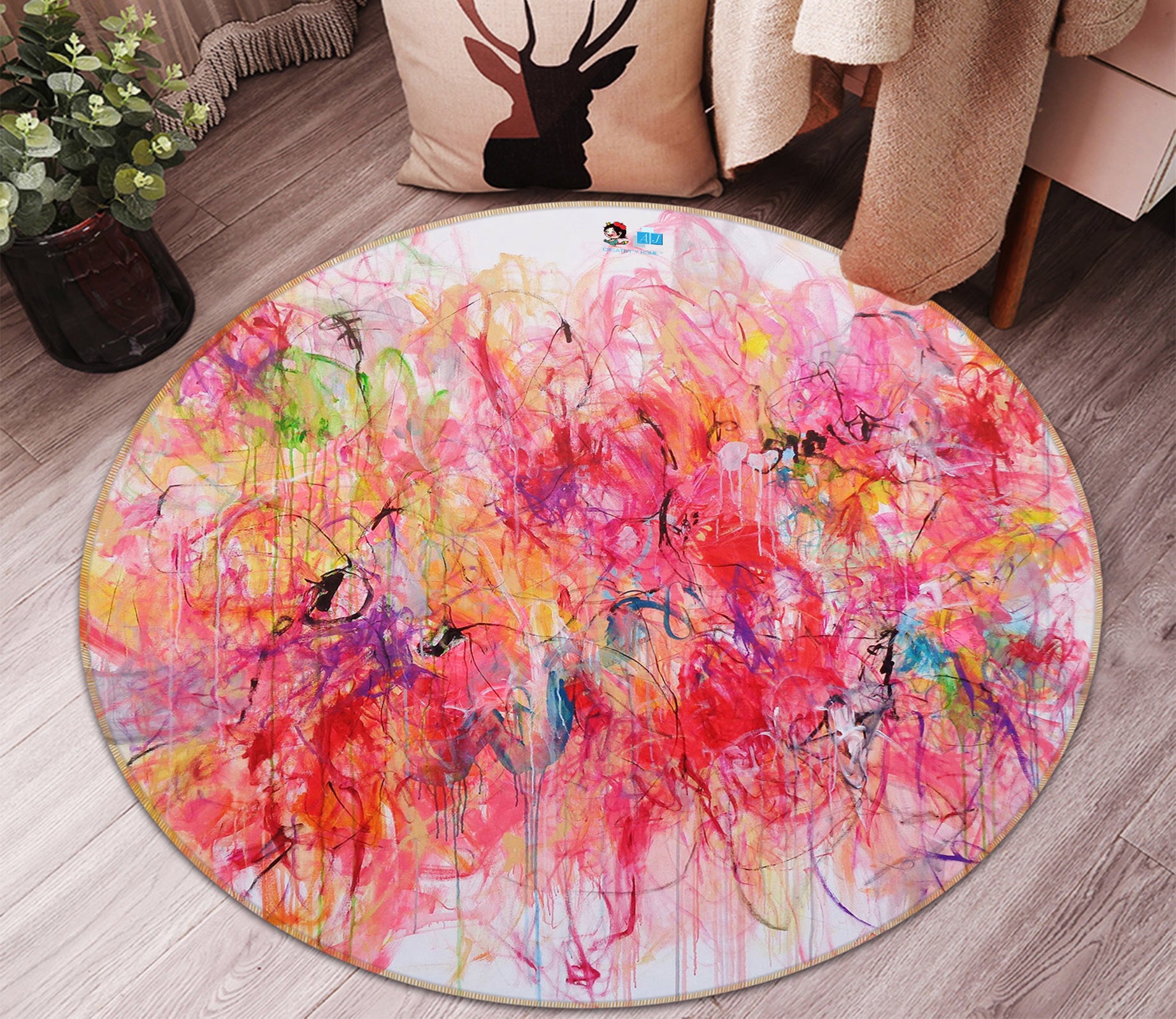 3D Messy Pink 1326 Misako Chida Rug Round Non Slip Rug Mat