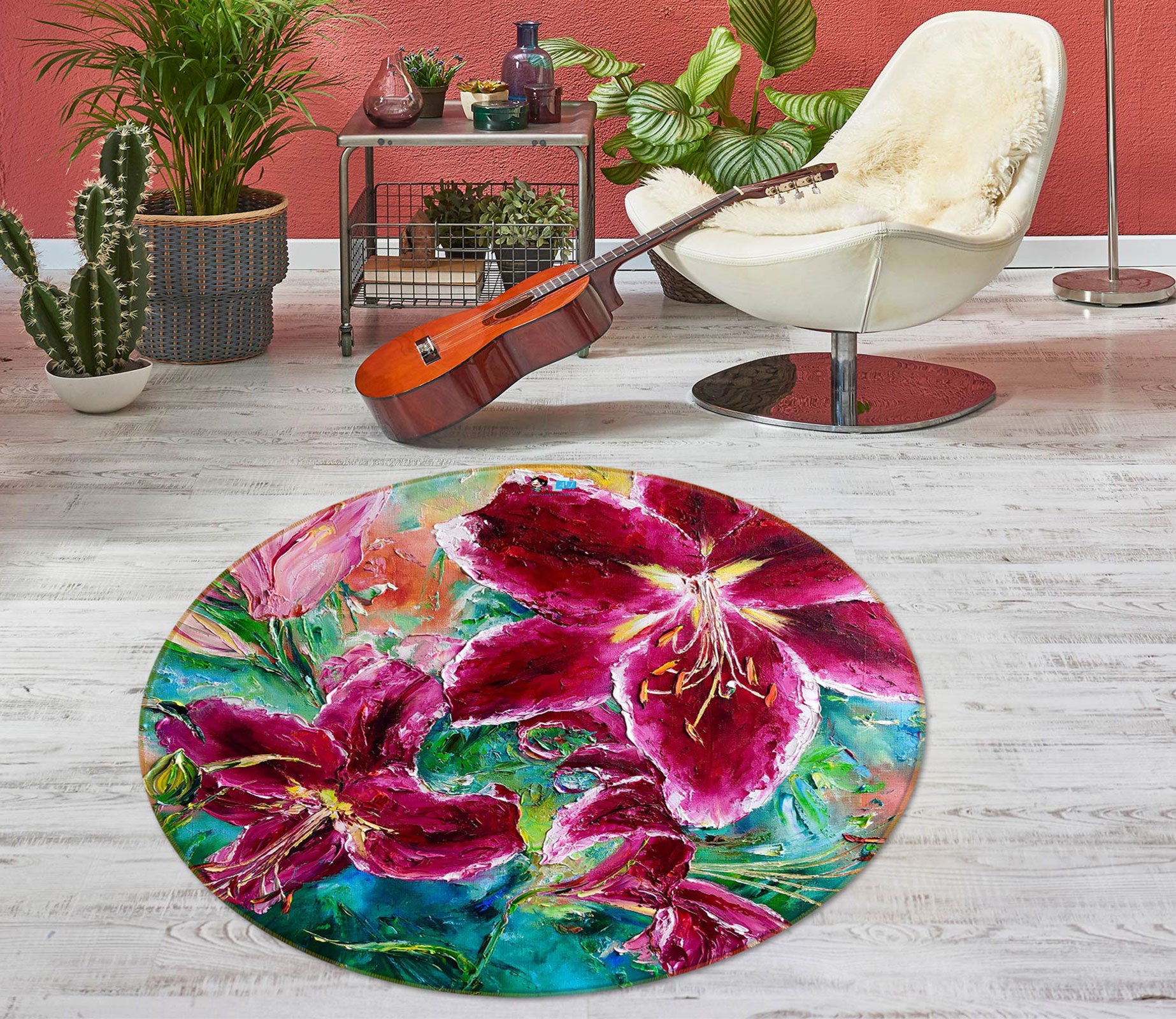 3D Rose Red Lily 797 Skromova Marina Rug Round Non Slip Rug Mat