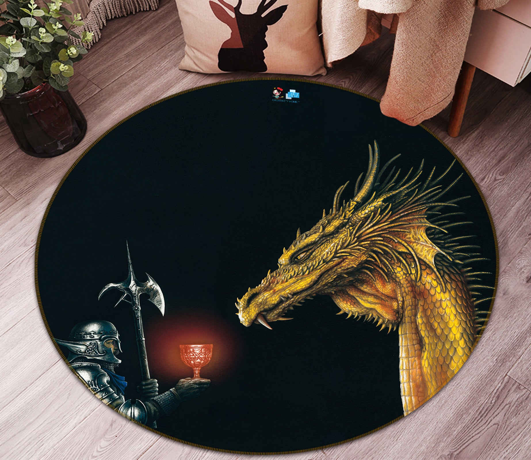 3D Armored Soldier Cup Dragon 6062 Ciruelo Rug Round Non Slip Rug Mat