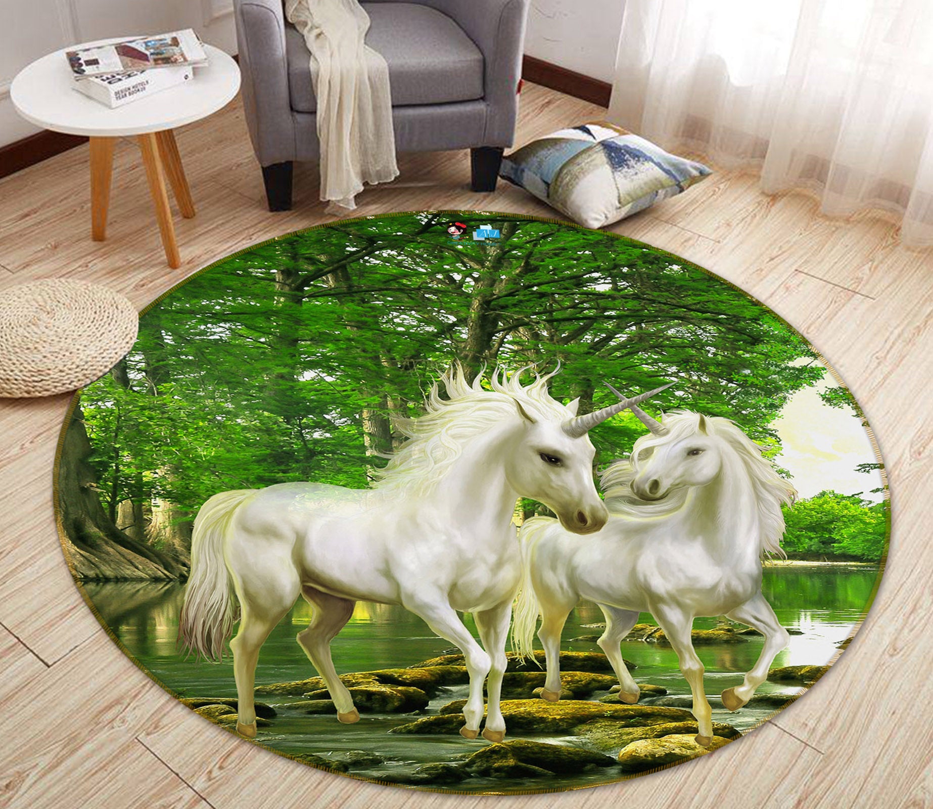 3D Forest Unicorn 74057 Round Non Slip Rug Mat