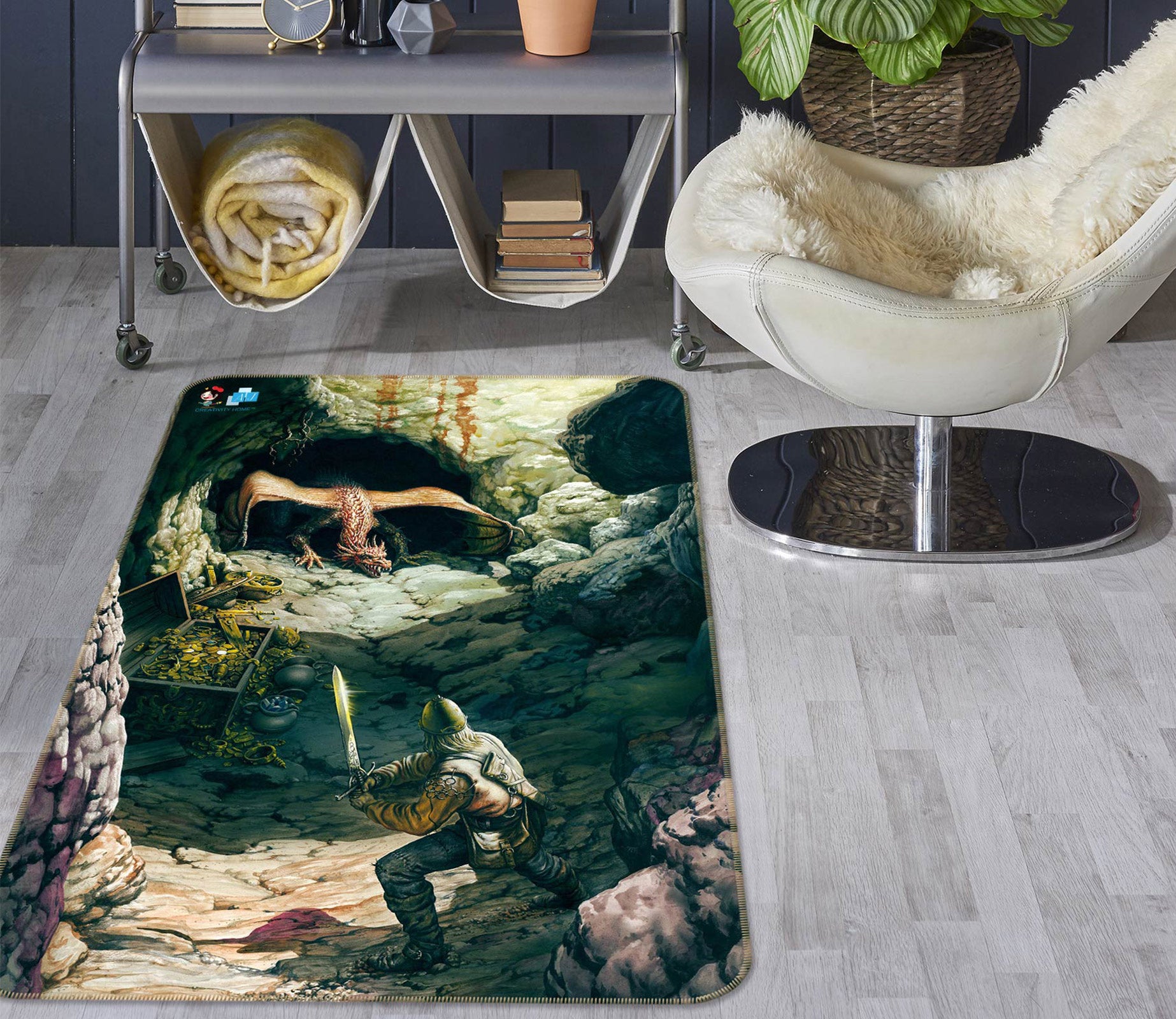 3D Stone Cave Dragon Soldier 5189 Ciruelo Rug Non Slip Rug Mat