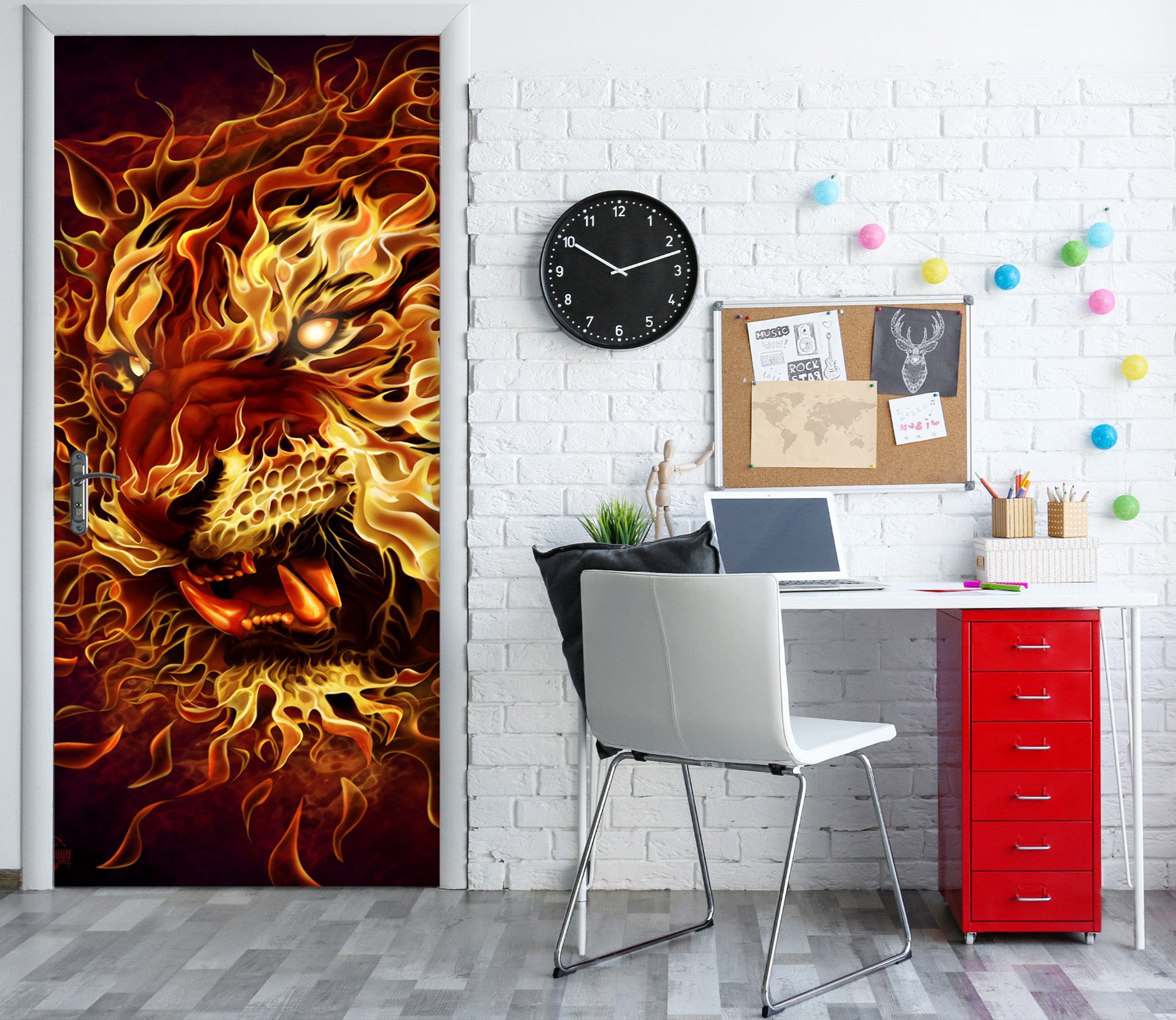 3D Flame Tiger 641 Tom Wood Door Mural