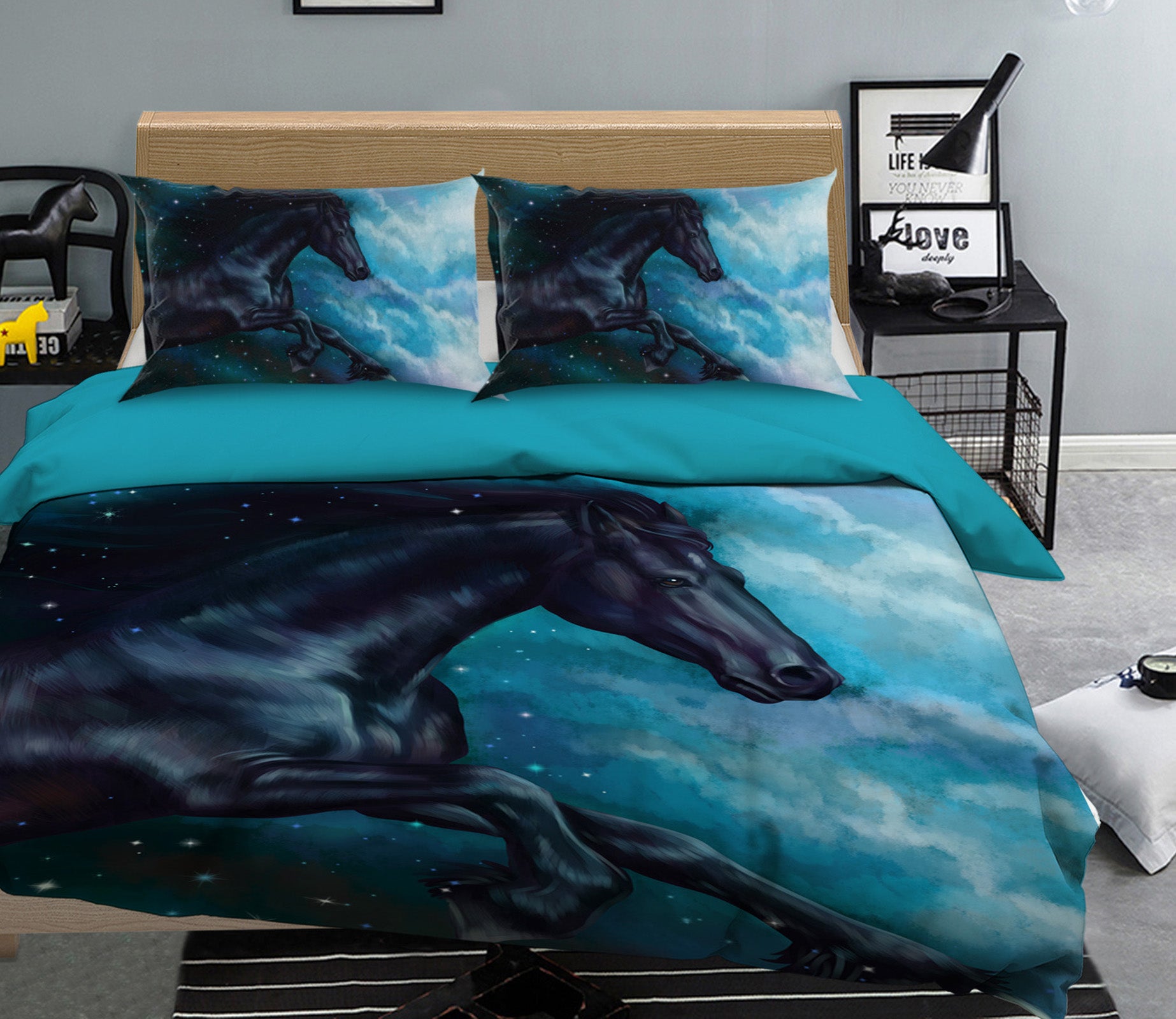 3D Running Black Horse 036 Bed Pillowcases Quilt