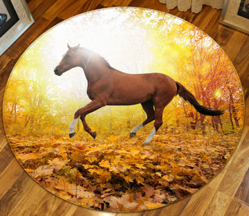 3D Horse Fallen Leaves 38048 Animal Round Non Slip Rug Mat