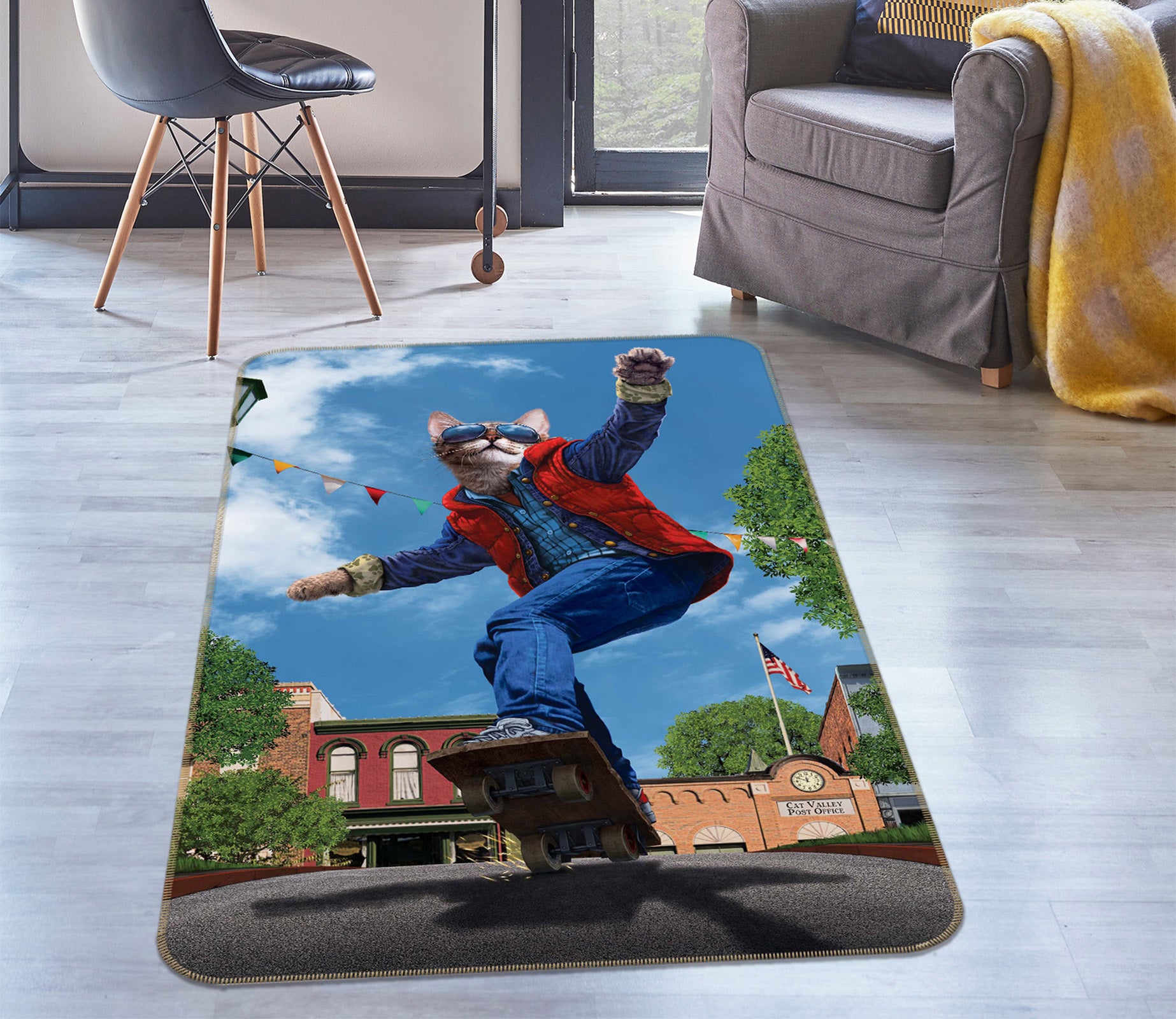 3D Cat Skateboard 84205 Vincent Hie Rug Non Slip Rug Mat