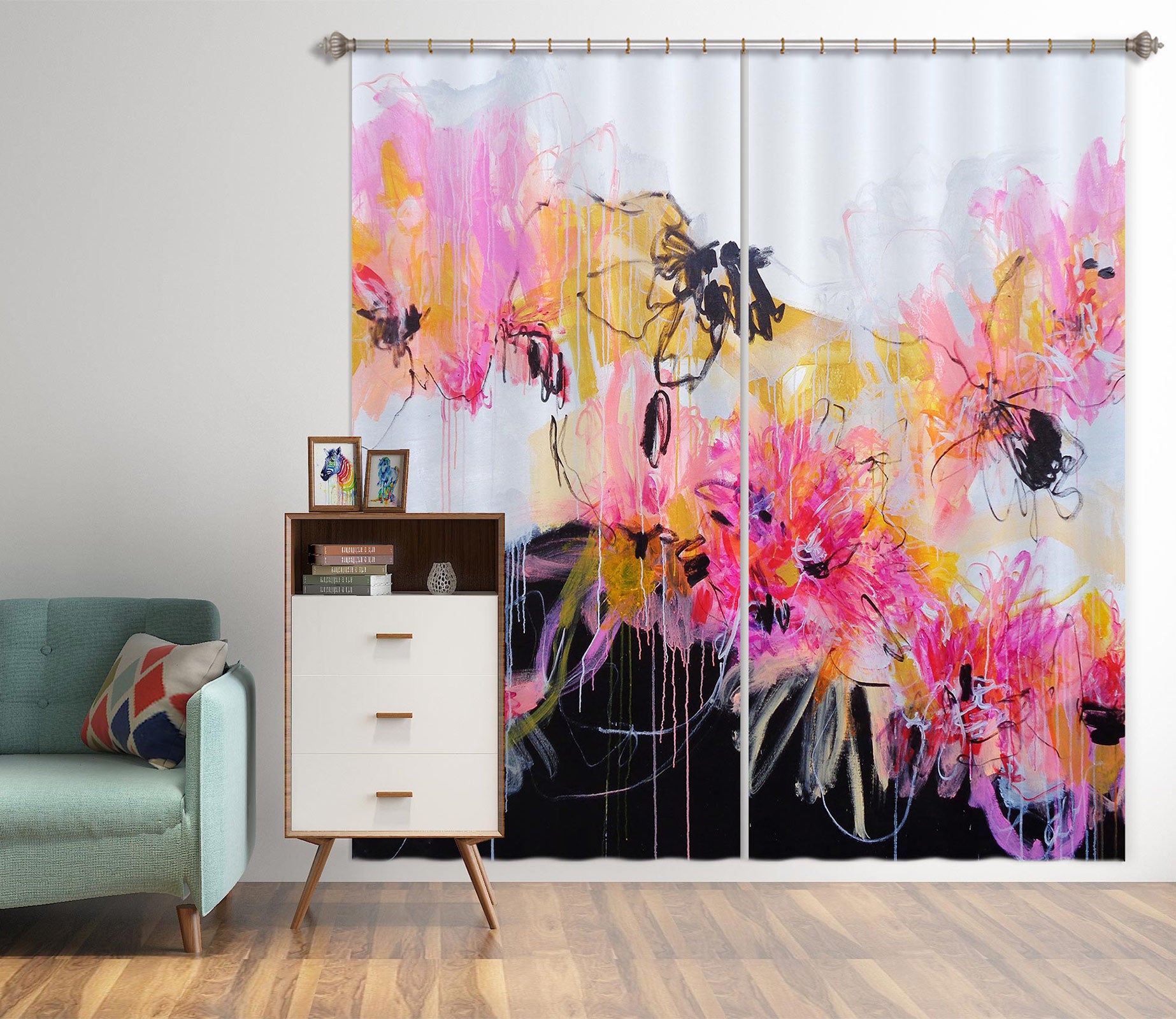 3D Pink Watercolor Flowers 2345 Misako Chida Curtain Curtains Drapes