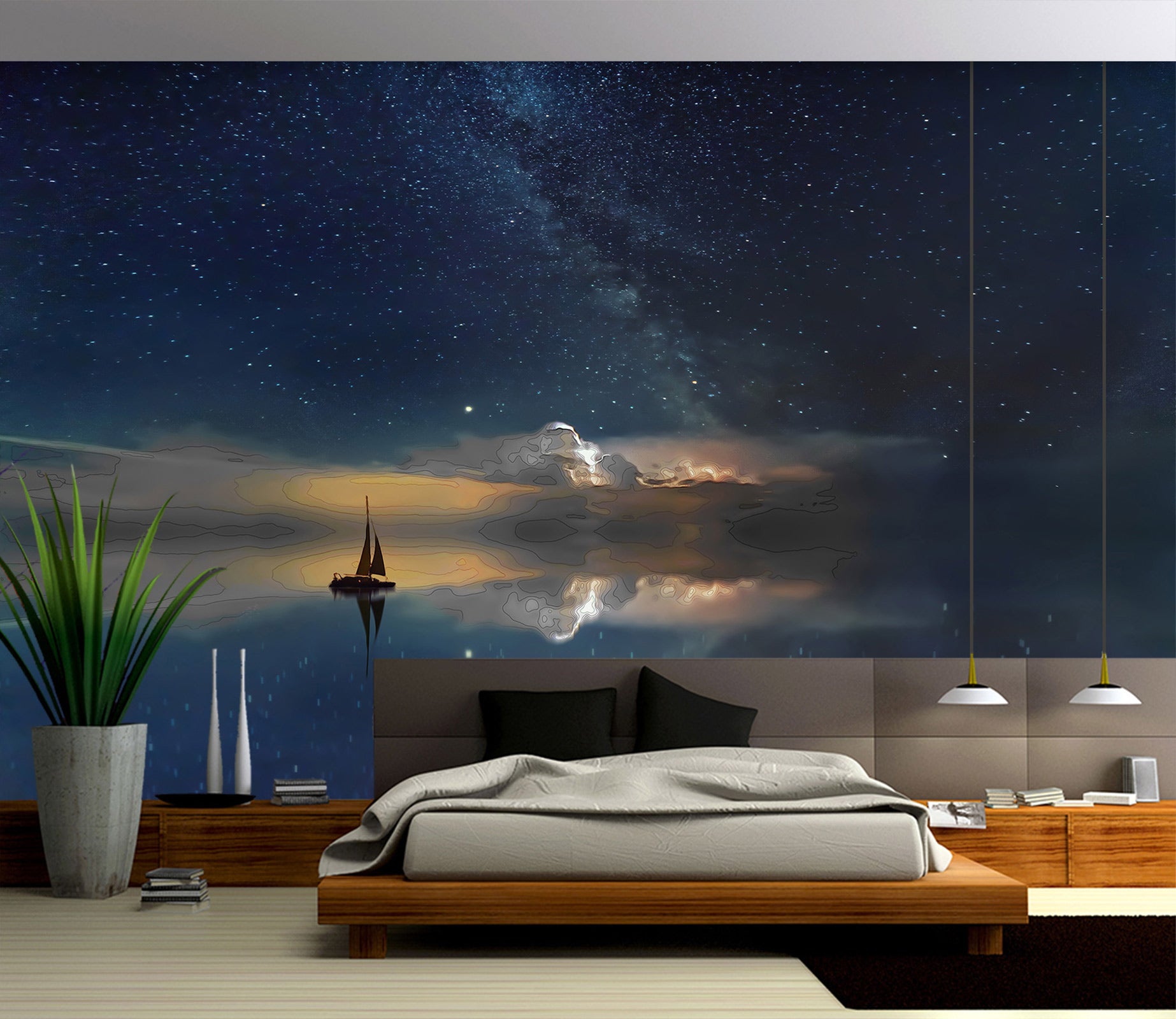 3D Starry Sea Sailboat 9182 Alius Herb Wall Mural Wall Murals