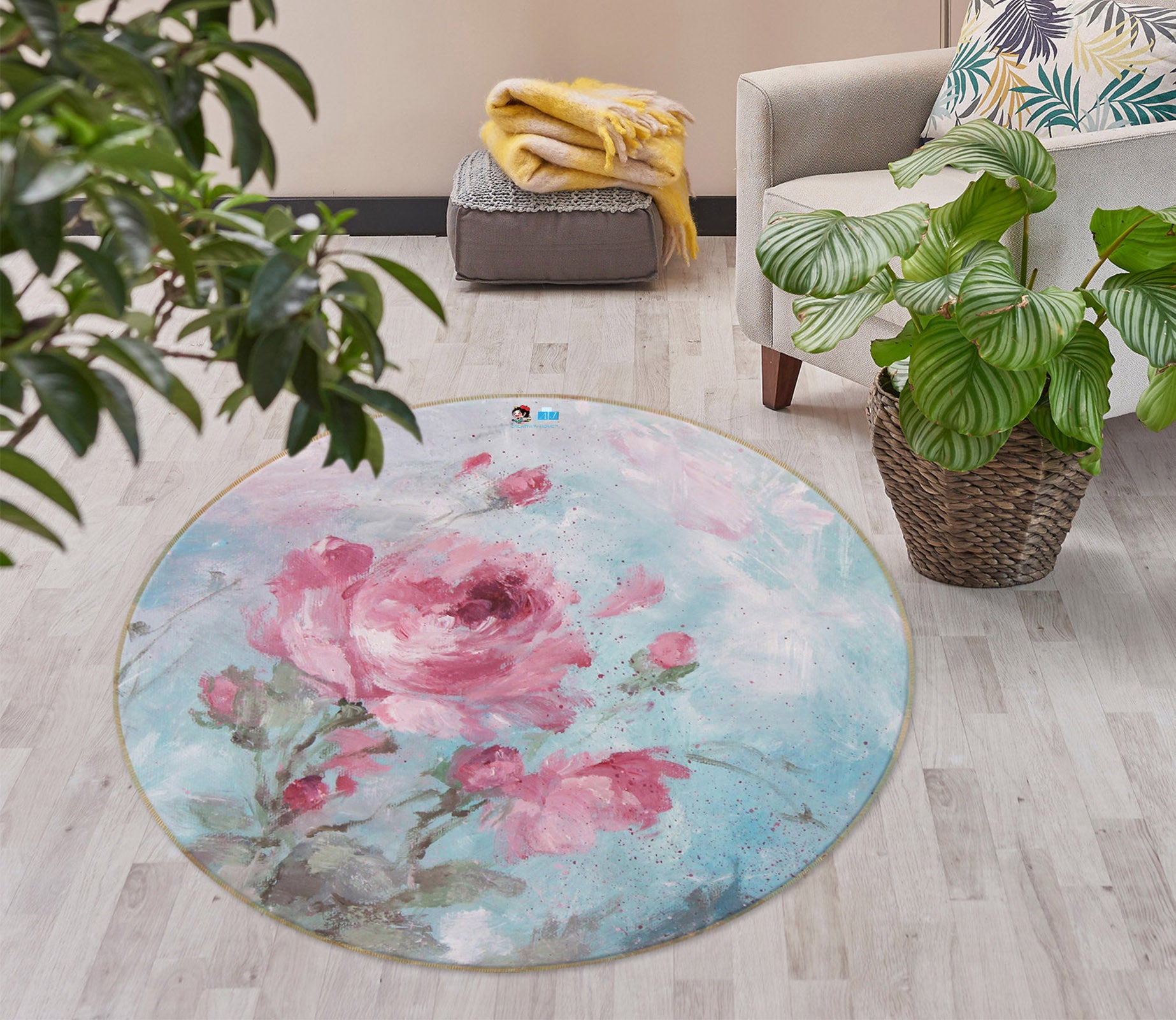 3D Pink Flower 1131 Debi Coules Rug Round Non Slip Rug Mat