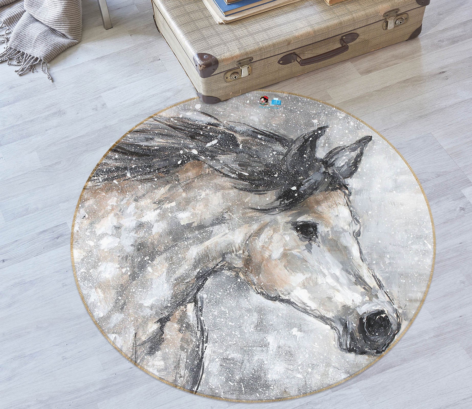 3D White Horse 1128 Debi Coules Rug Round Non Slip Rug Mat