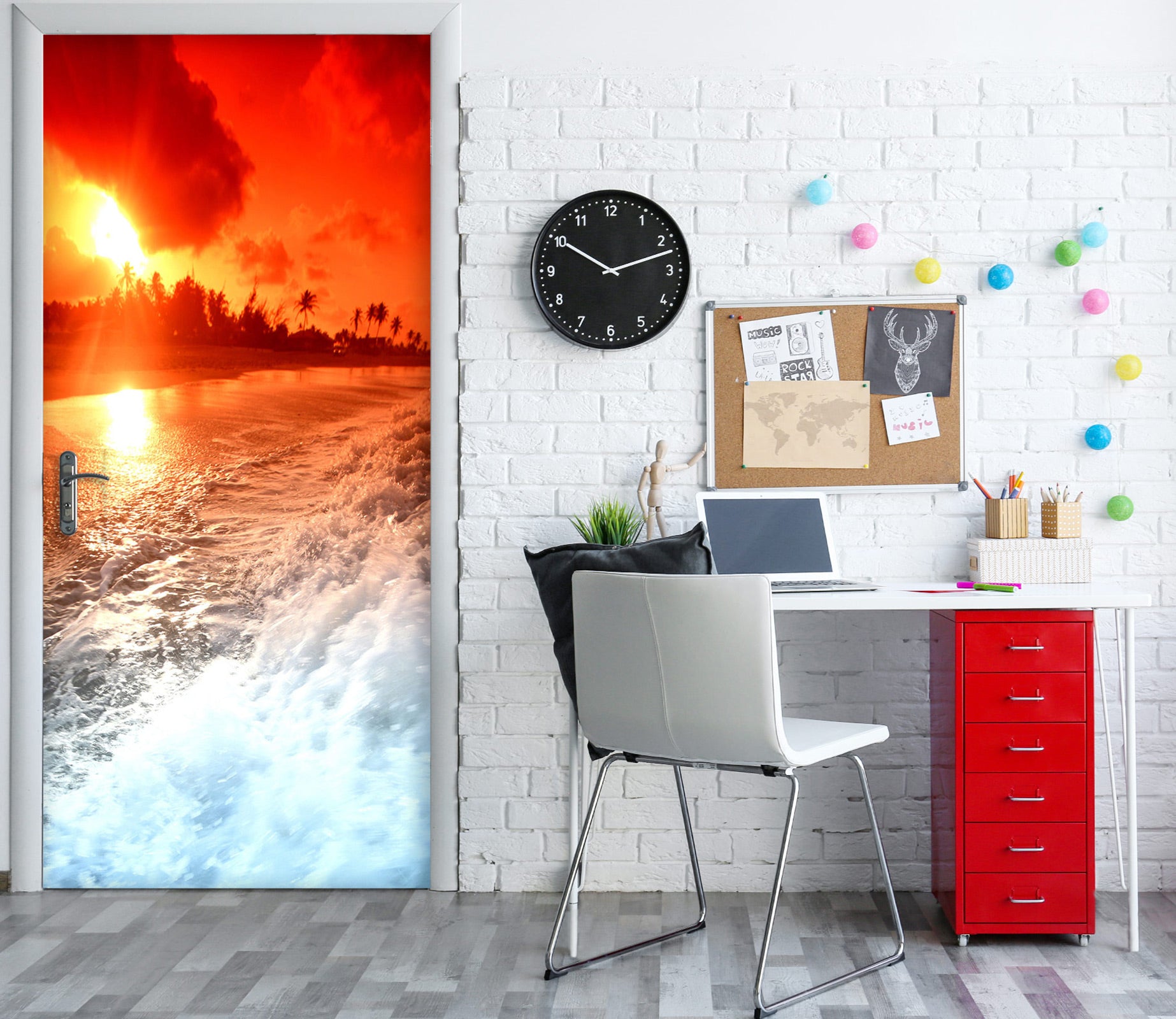 3D Red Sunset Sea 047 Door Mural