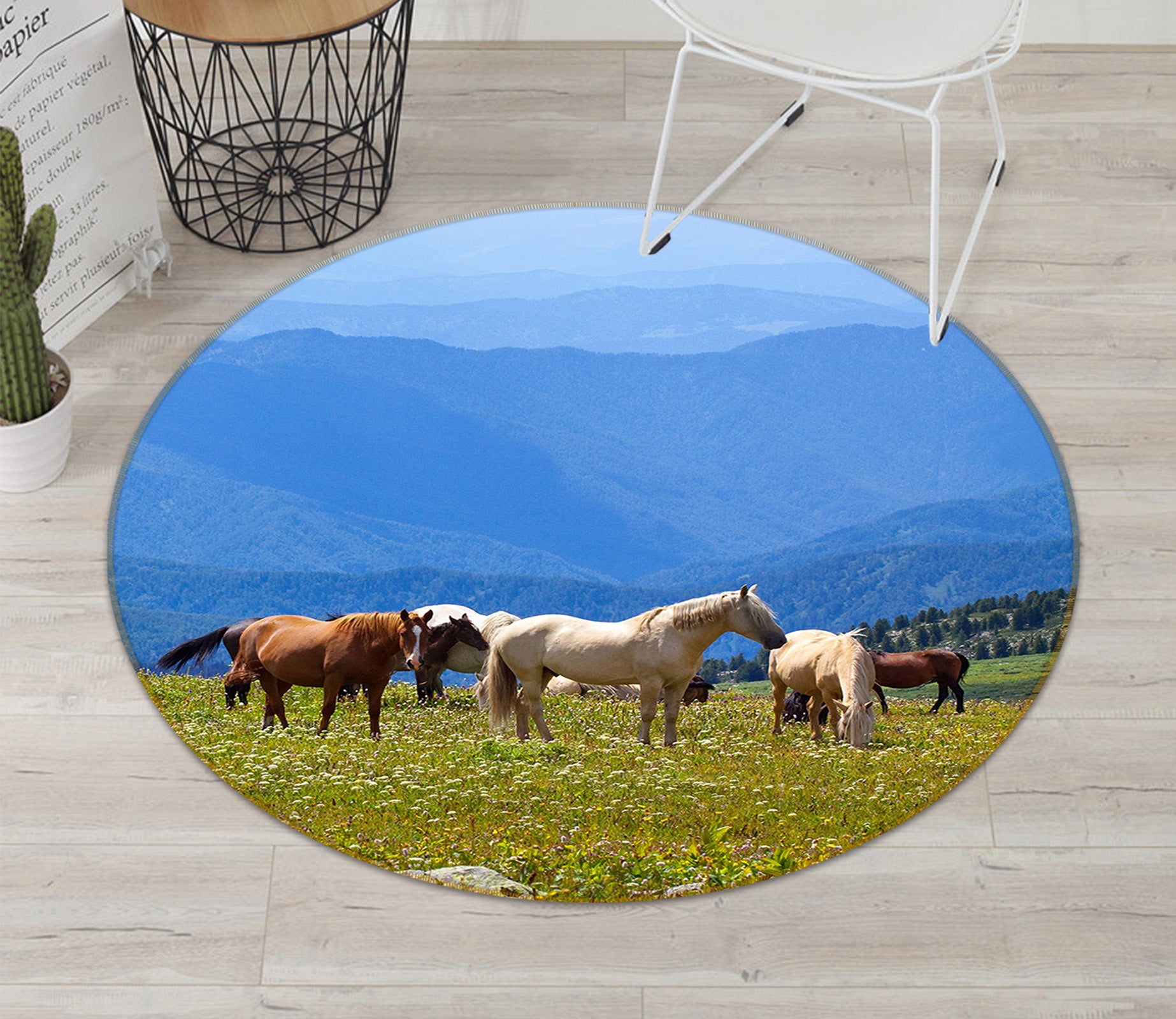 3D Horse Group Grass 82222 Animal Round Non Slip Rug Mat