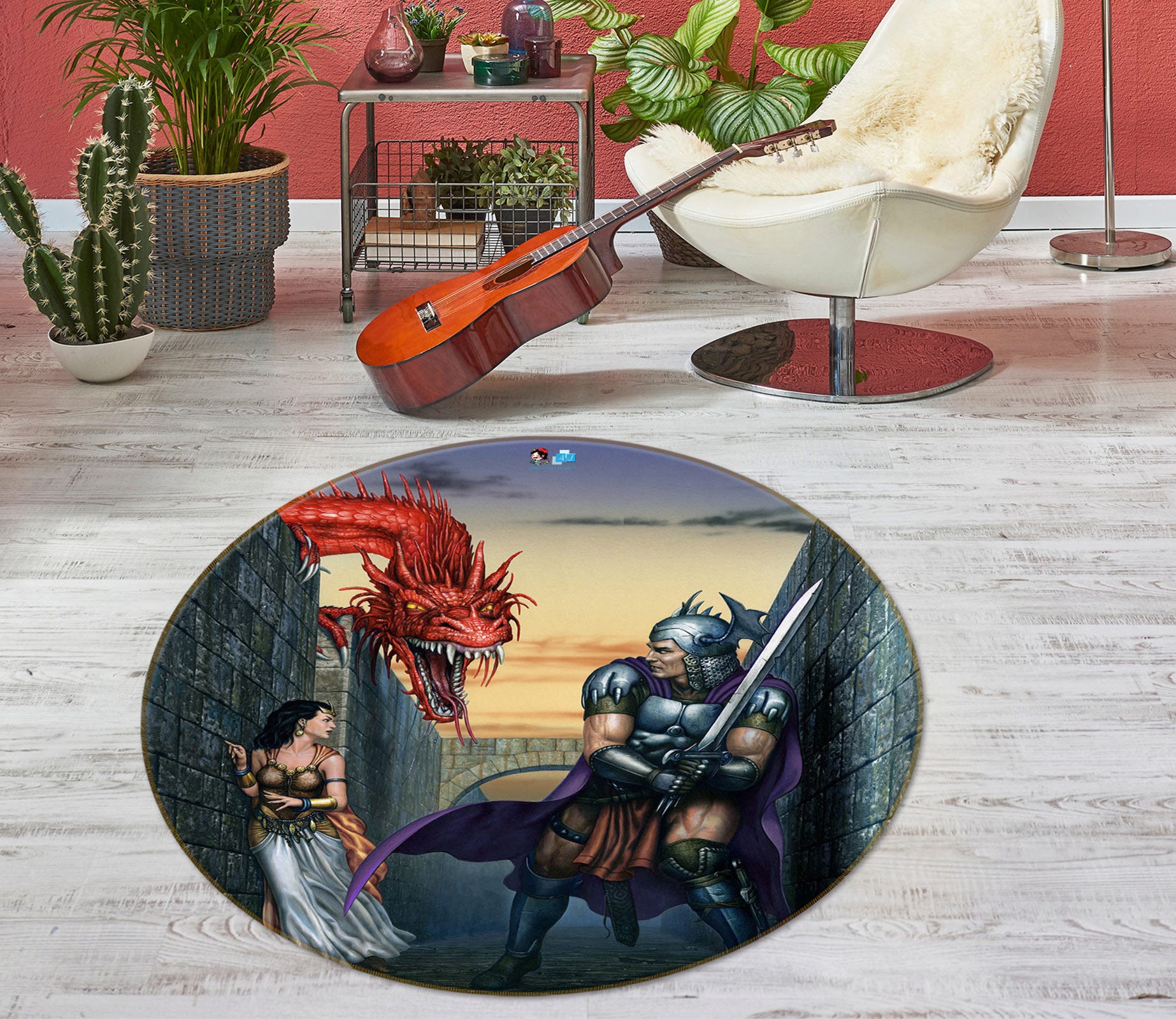 3D Red Dragon Soldier Woman 6072 Ciruelo Rug Round Non Slip Rug Mat