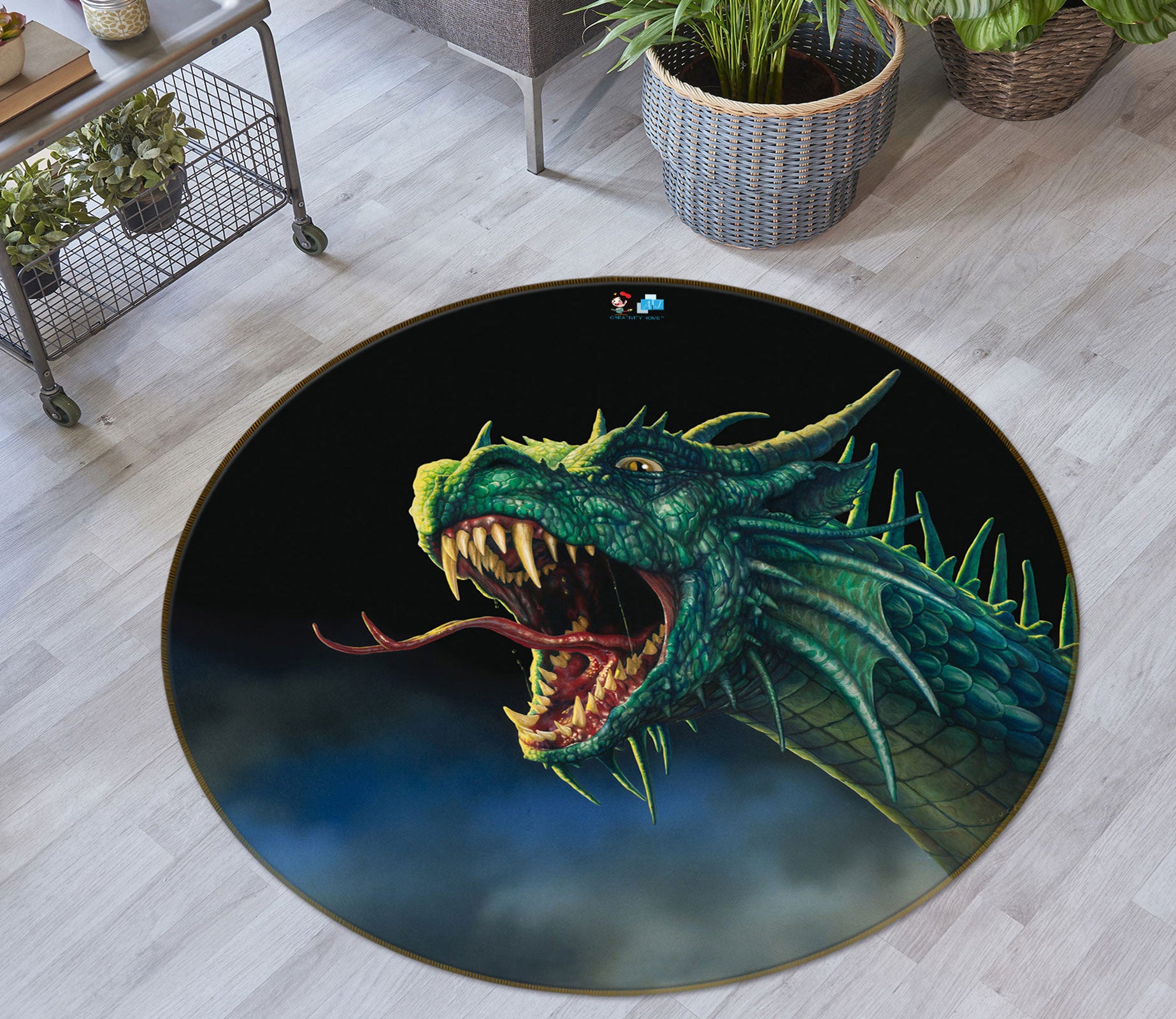 3D Green Dragon Head 6067 Ciruelo Rug Round Non Slip Rug Mat